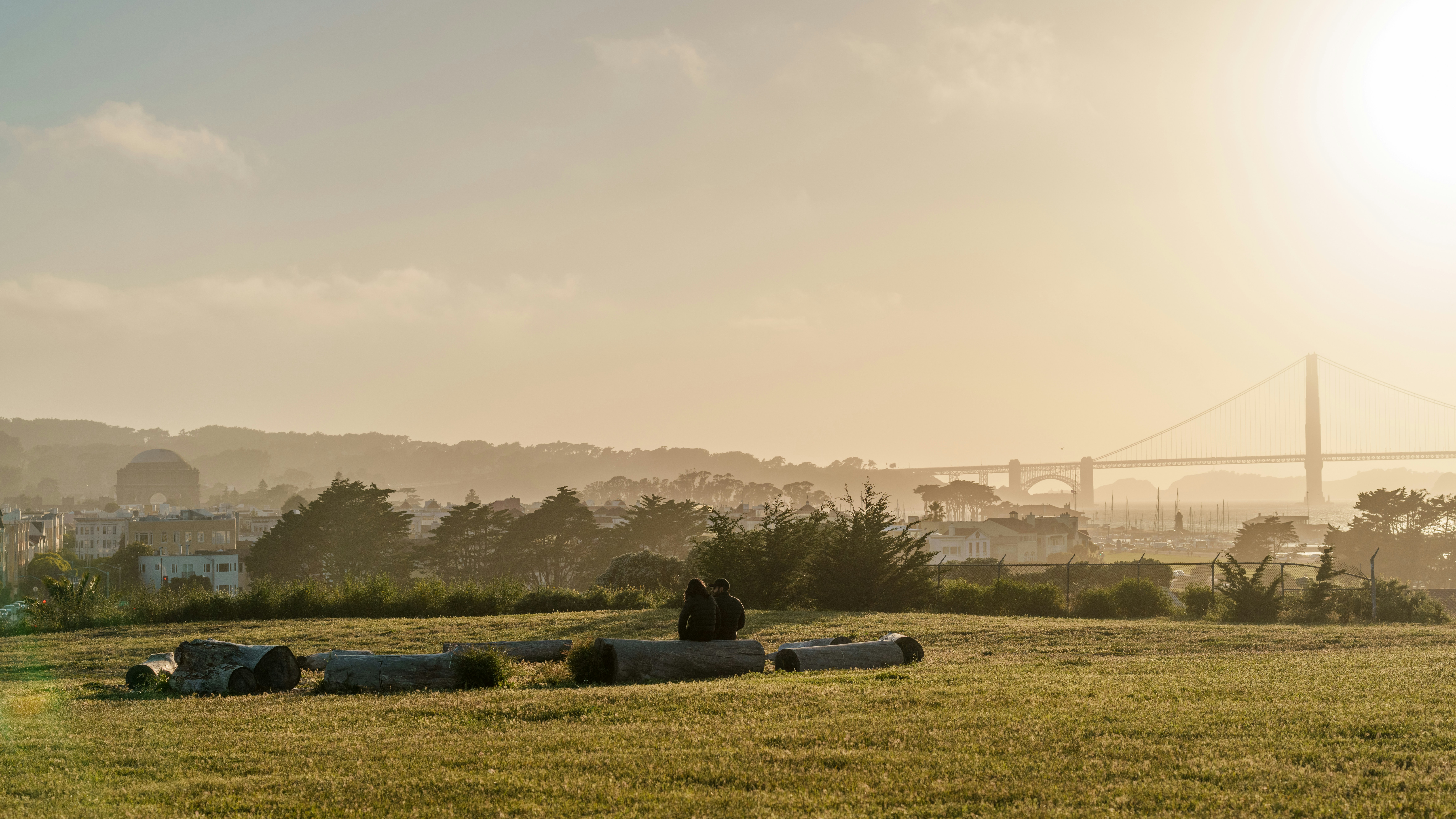 A person sits on a log overlooking a hazy cityscape.