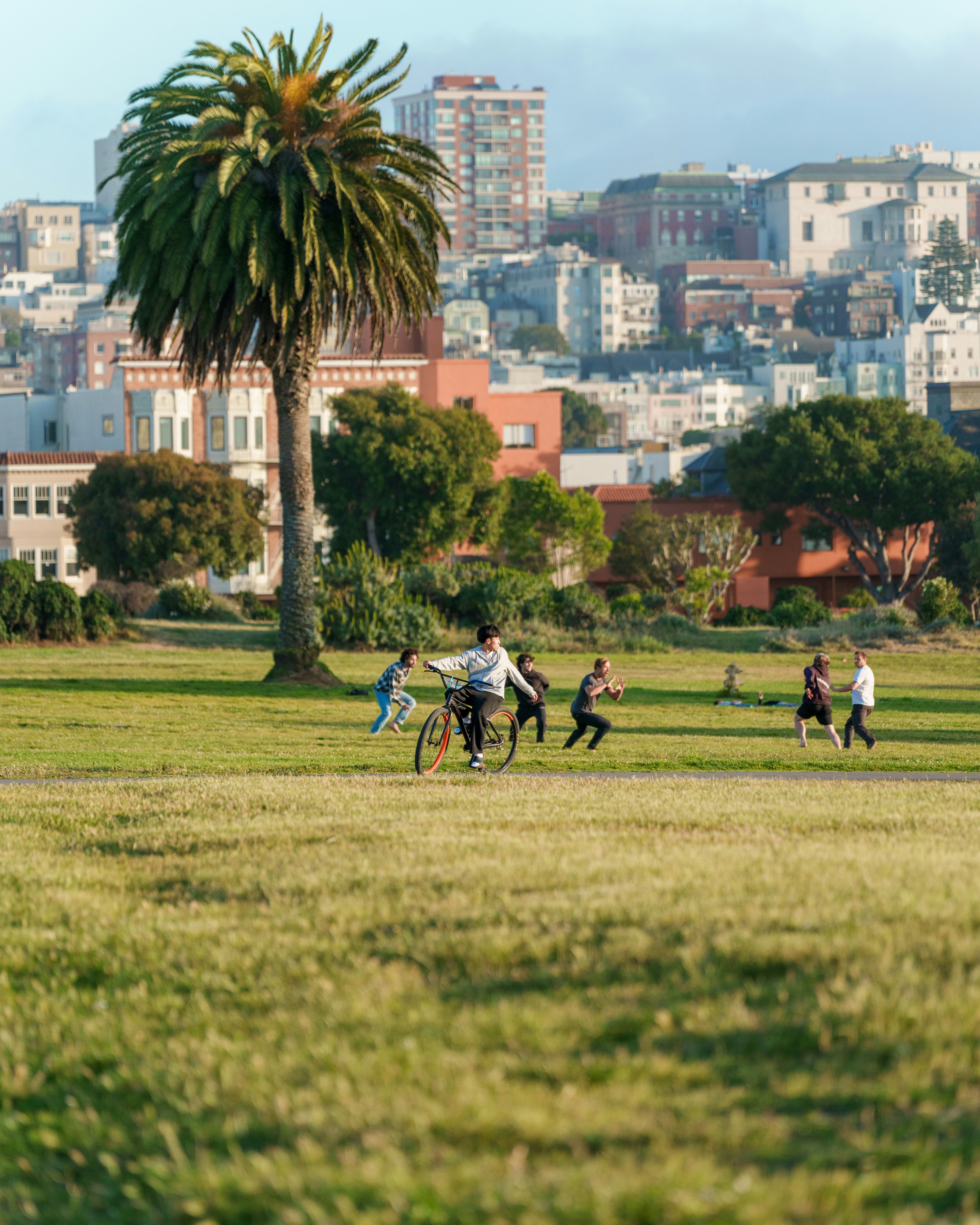 People playing in a grassy park with city buildings behind.
