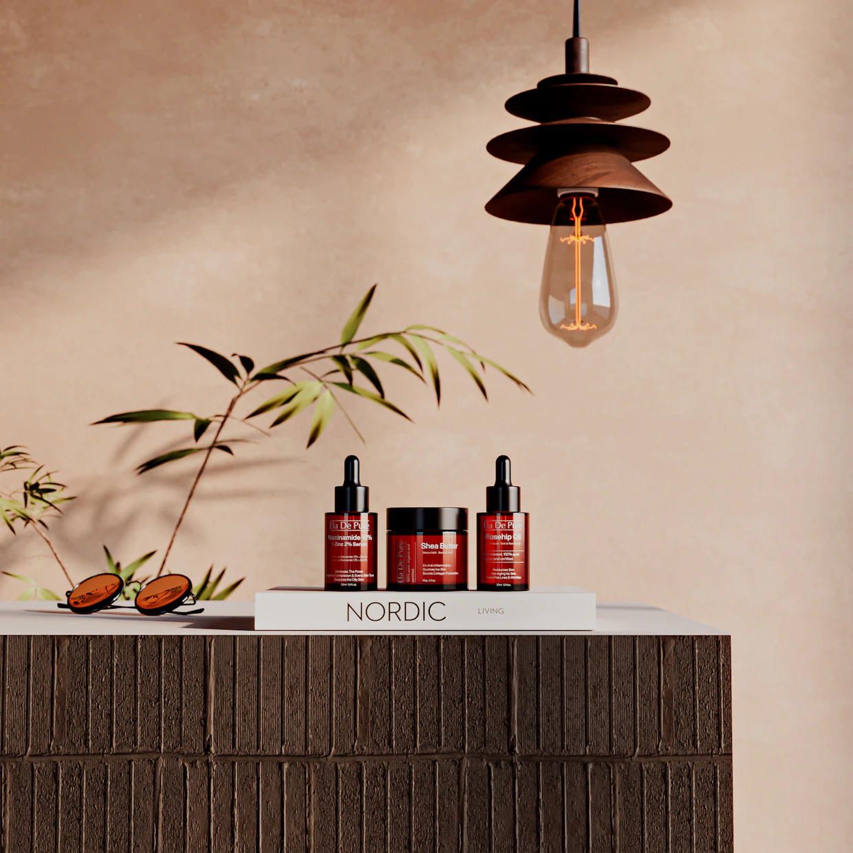 Botanical skincare bottles and a jar arranged beside a plant