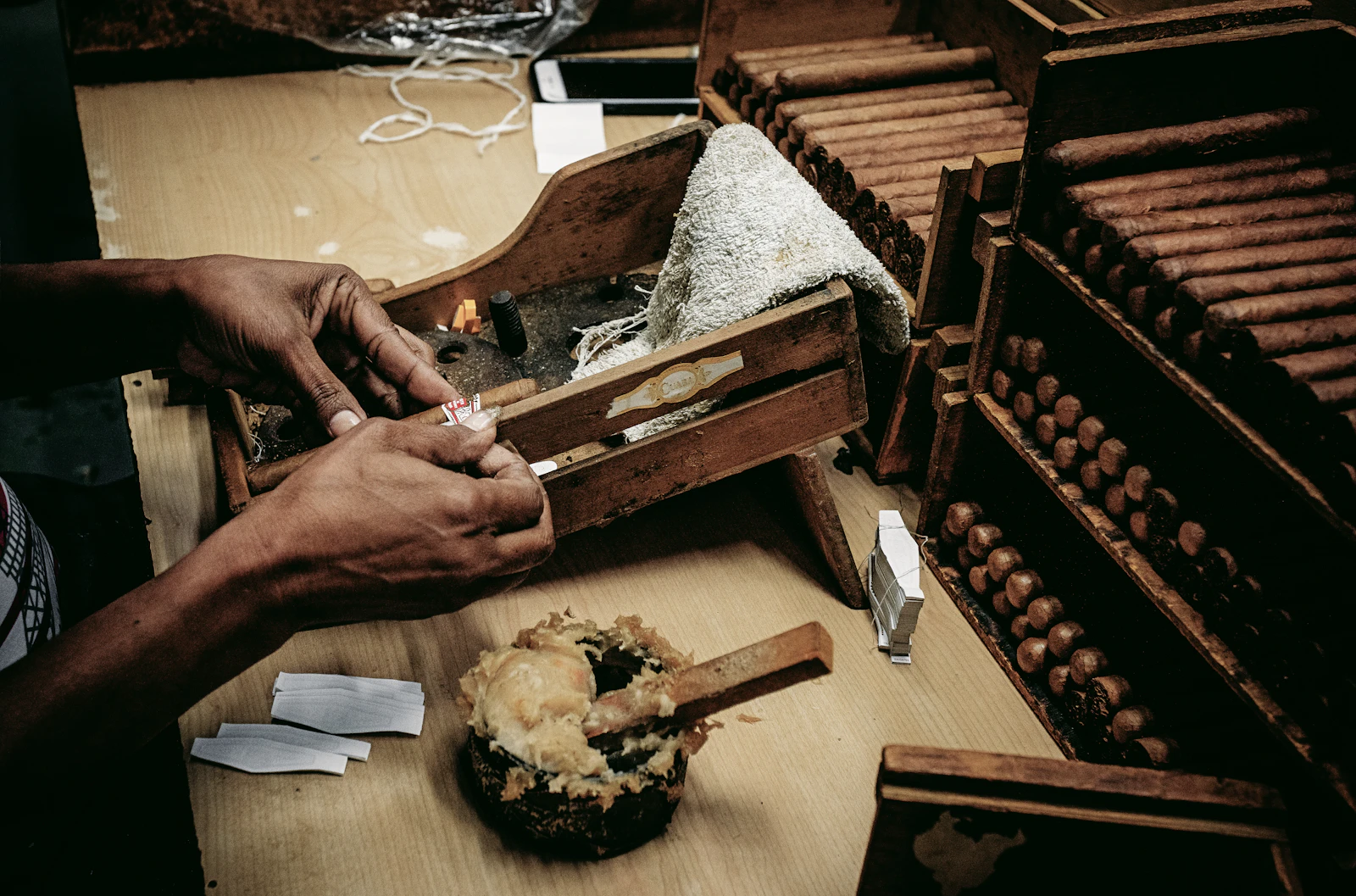 Artisan hands rolling tobacco at a traditional cigar workshop