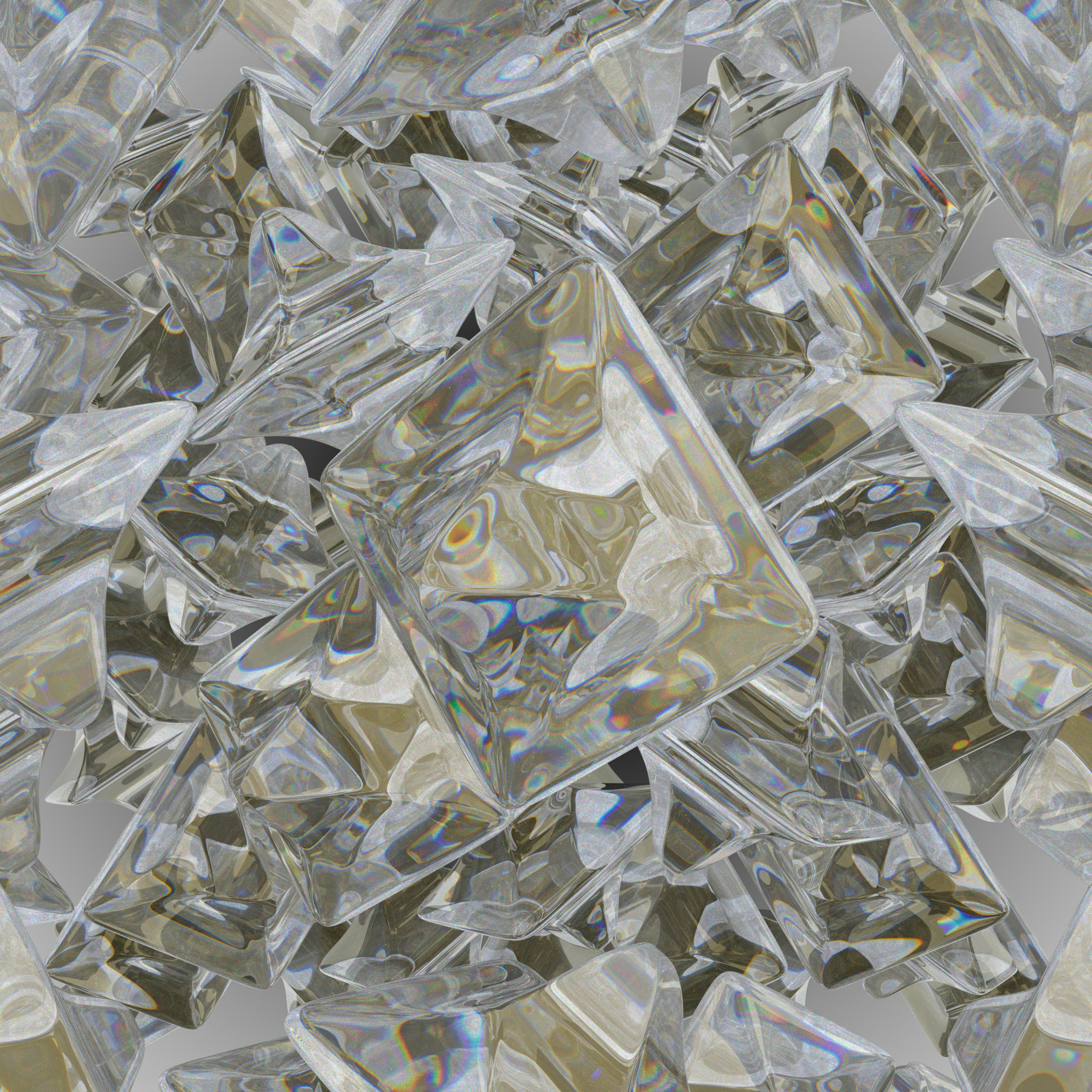 Tumpukan kristal geometris jernih yang memantulkan cahaya