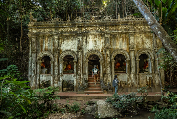 Ancient temple ruins overgrown with lush jungle foliage.