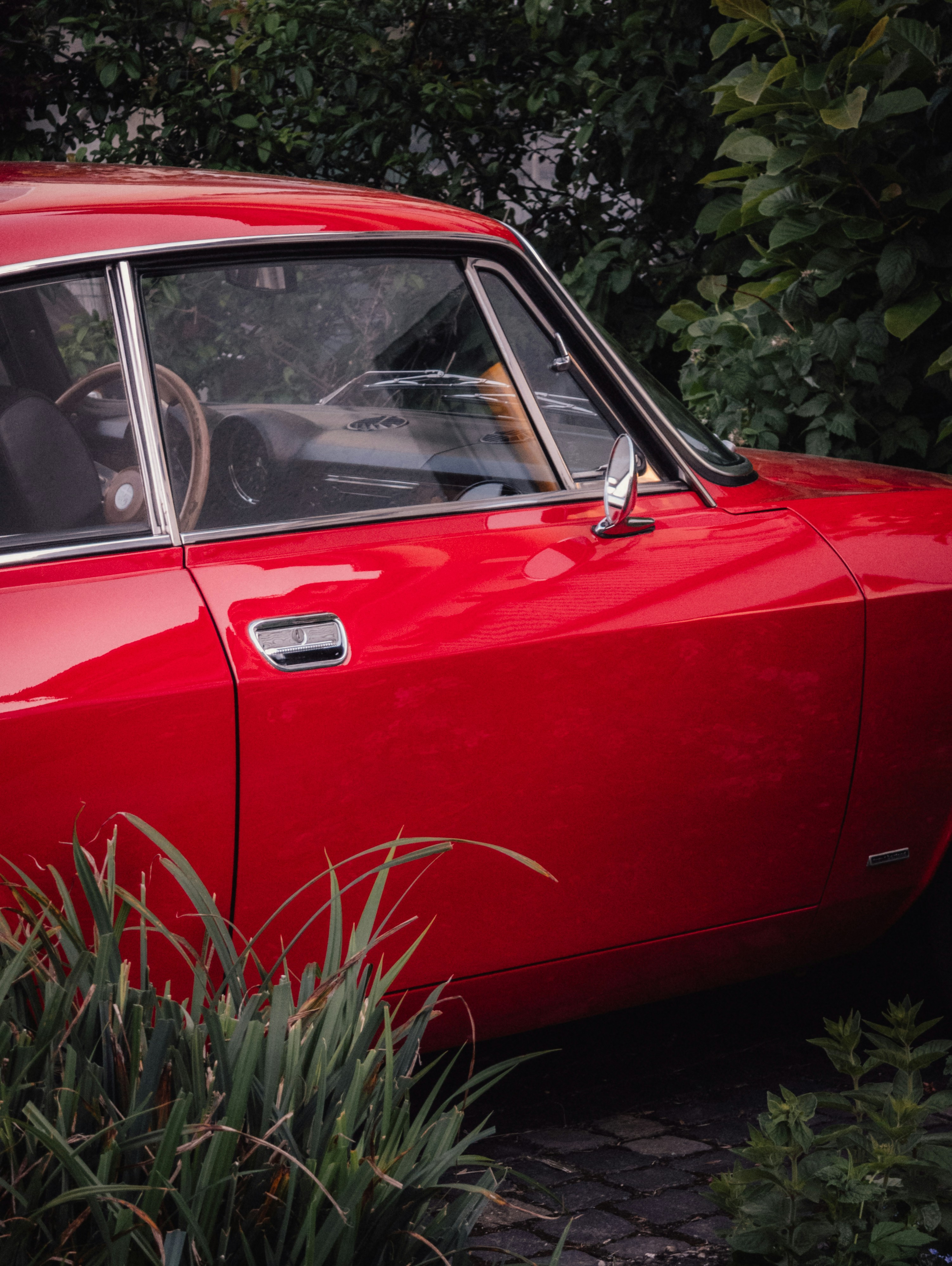 A vintage red car parked amongst green foliage