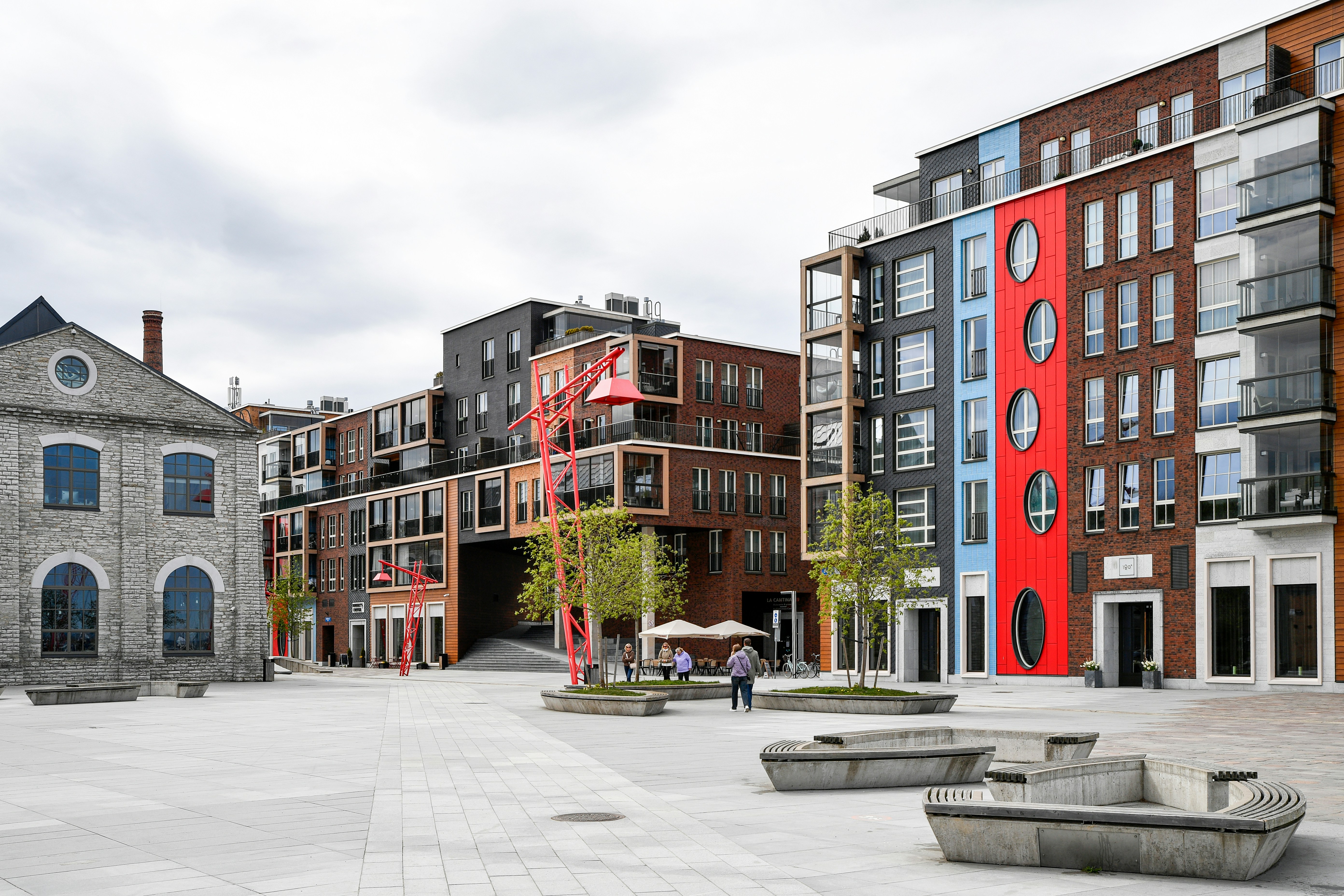 Modern meets history: Vibrant contemporary architecture and industrial heritage at Noblessner Seafront Quarter in Tallinn, Estonia.