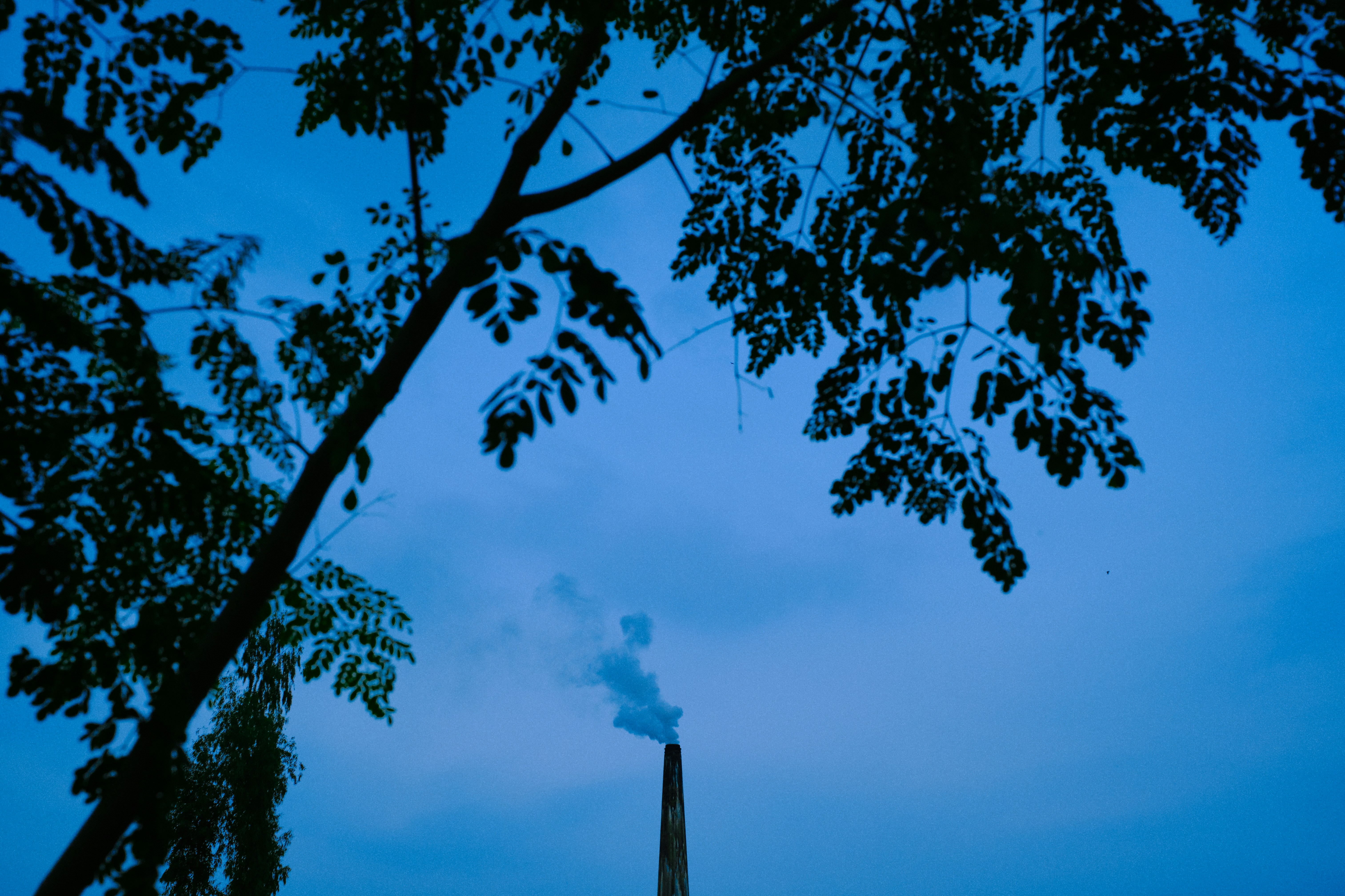 Une cheminée émet de la fumée sur un ciel bleu.