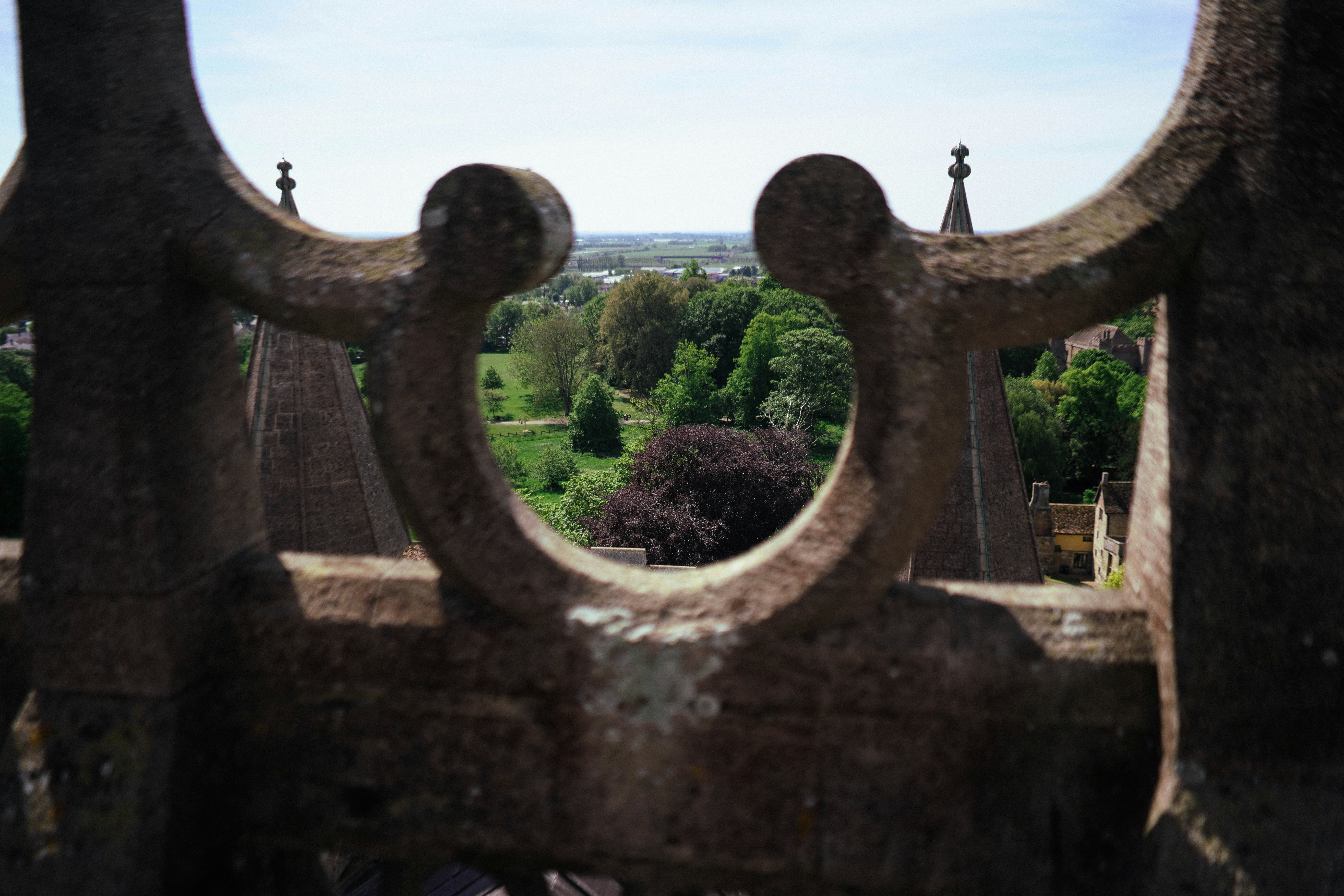 View through ornate stone railing of parkland