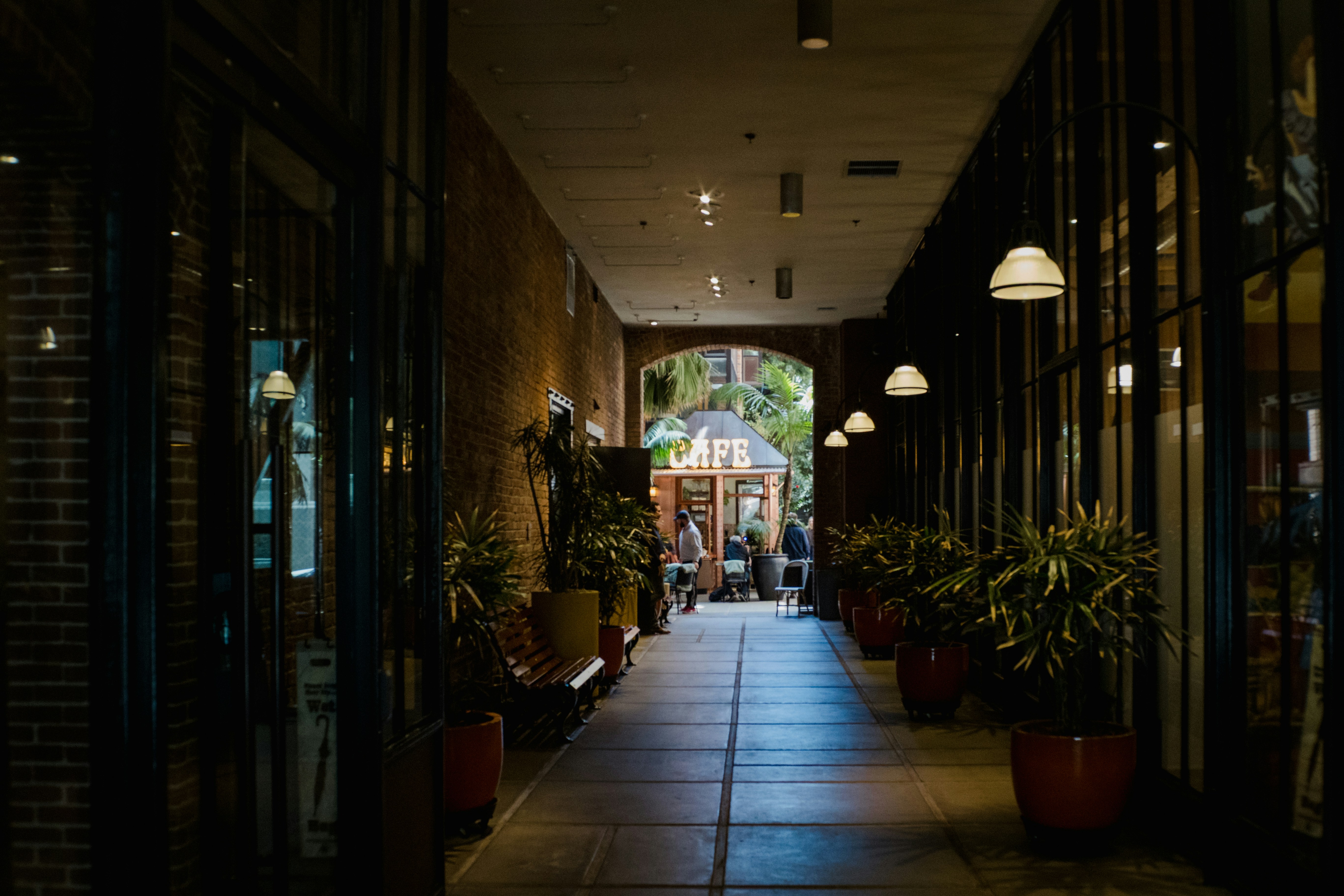 Dimly lit hallway with plants and people in distance.