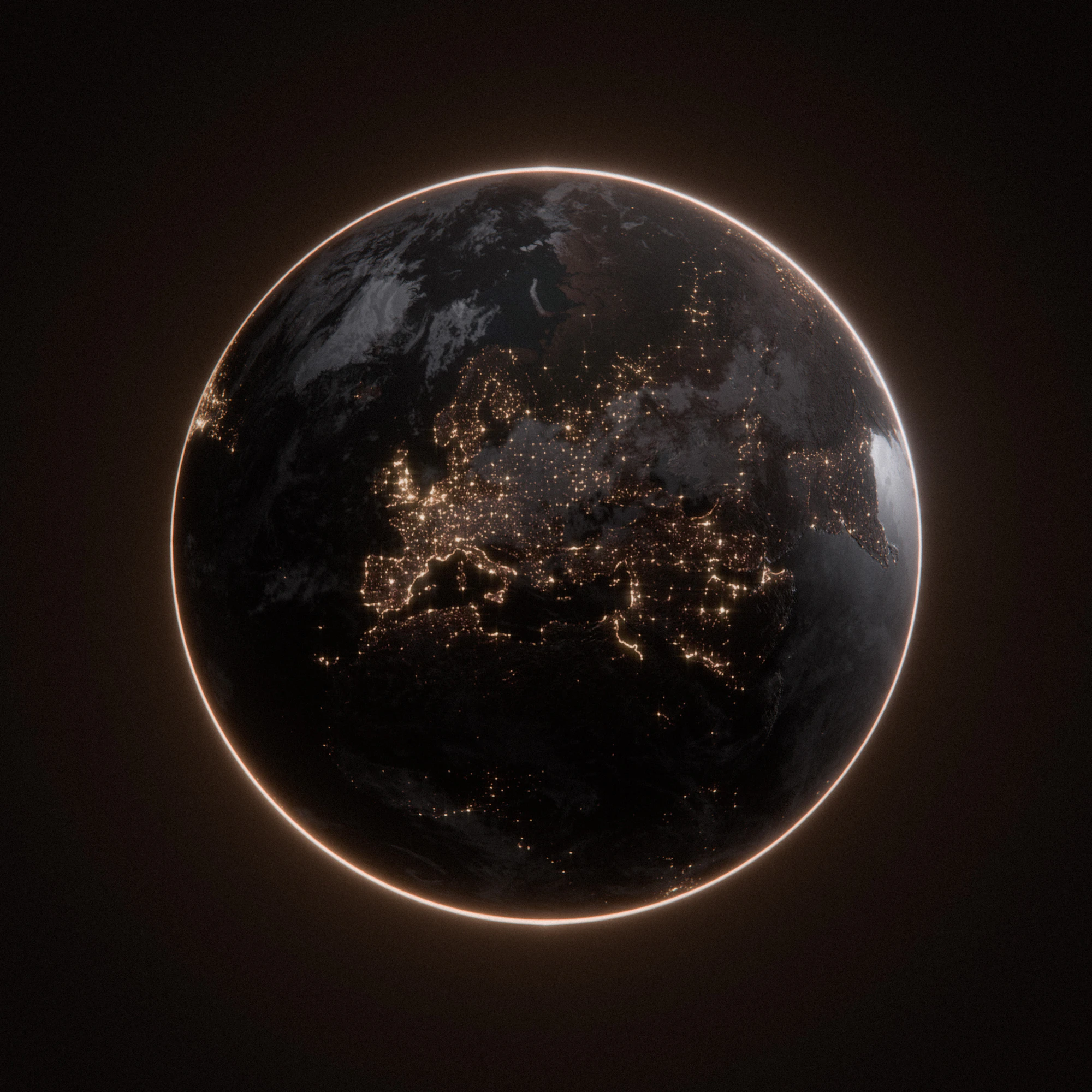 Earth at night seen from orbit, continents traced by city lights