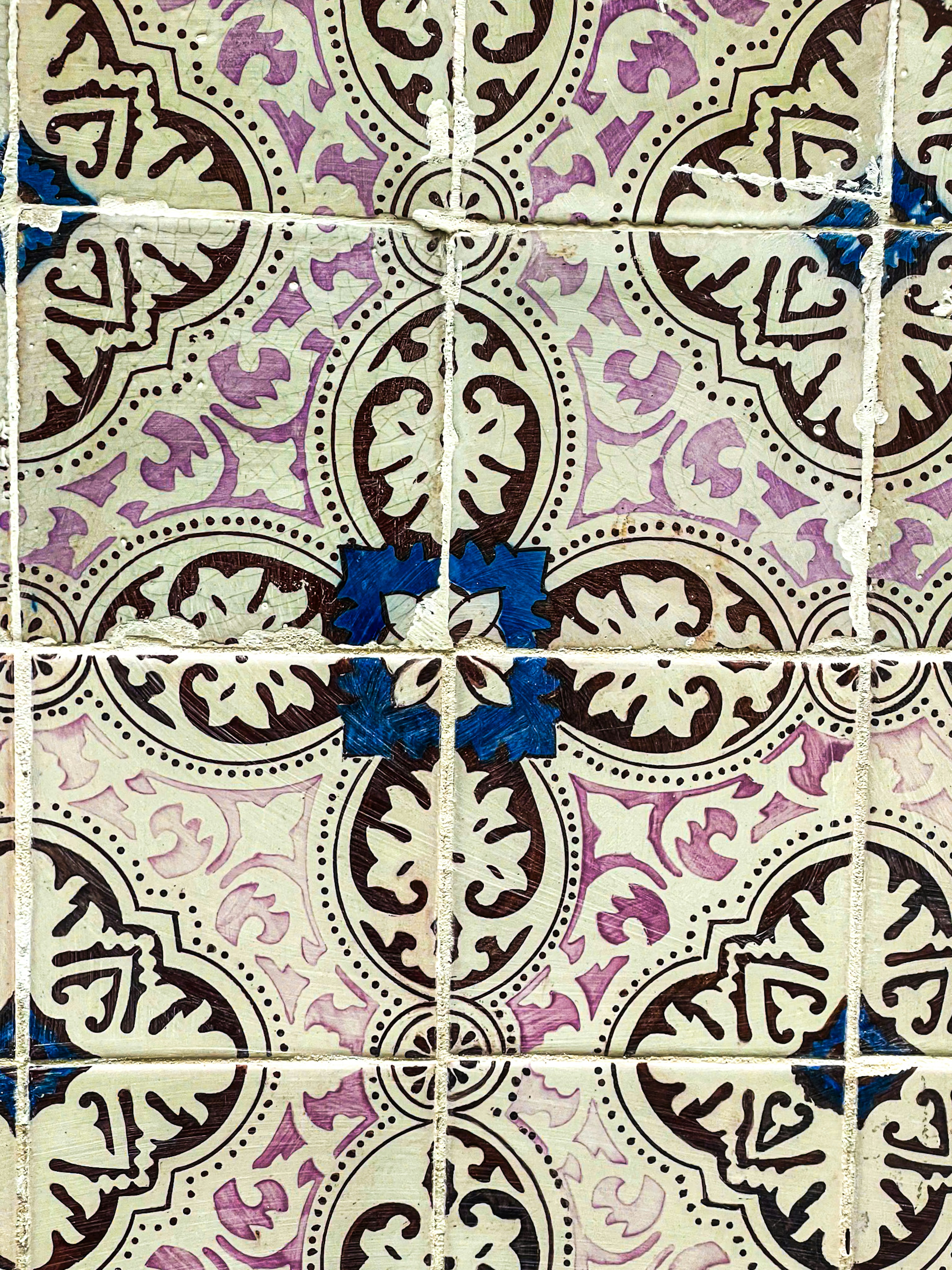 Close-up of ornate portuguese azulejo tiles with floral patterns.