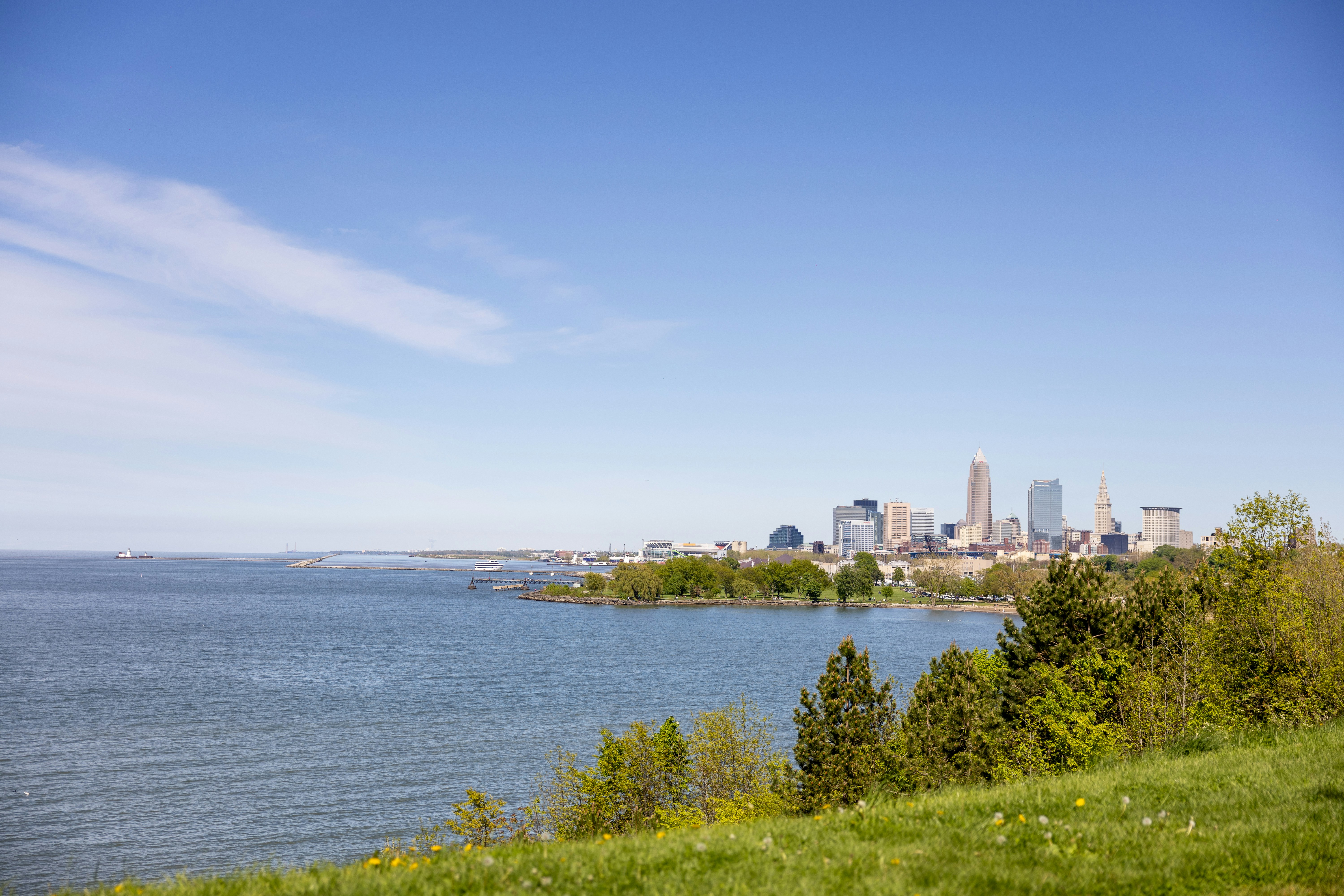Paisagem urbana de Cleveland do outro lado de um lago com primeiro plano verde.