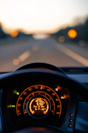 Car dashboard illuminated at dusk on a road