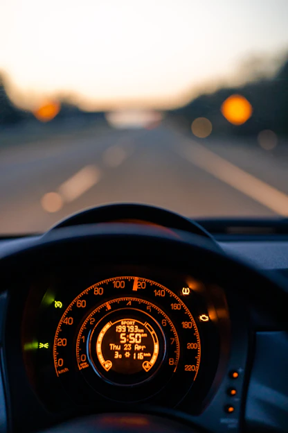 Car dashboard illuminated at dusk on a road