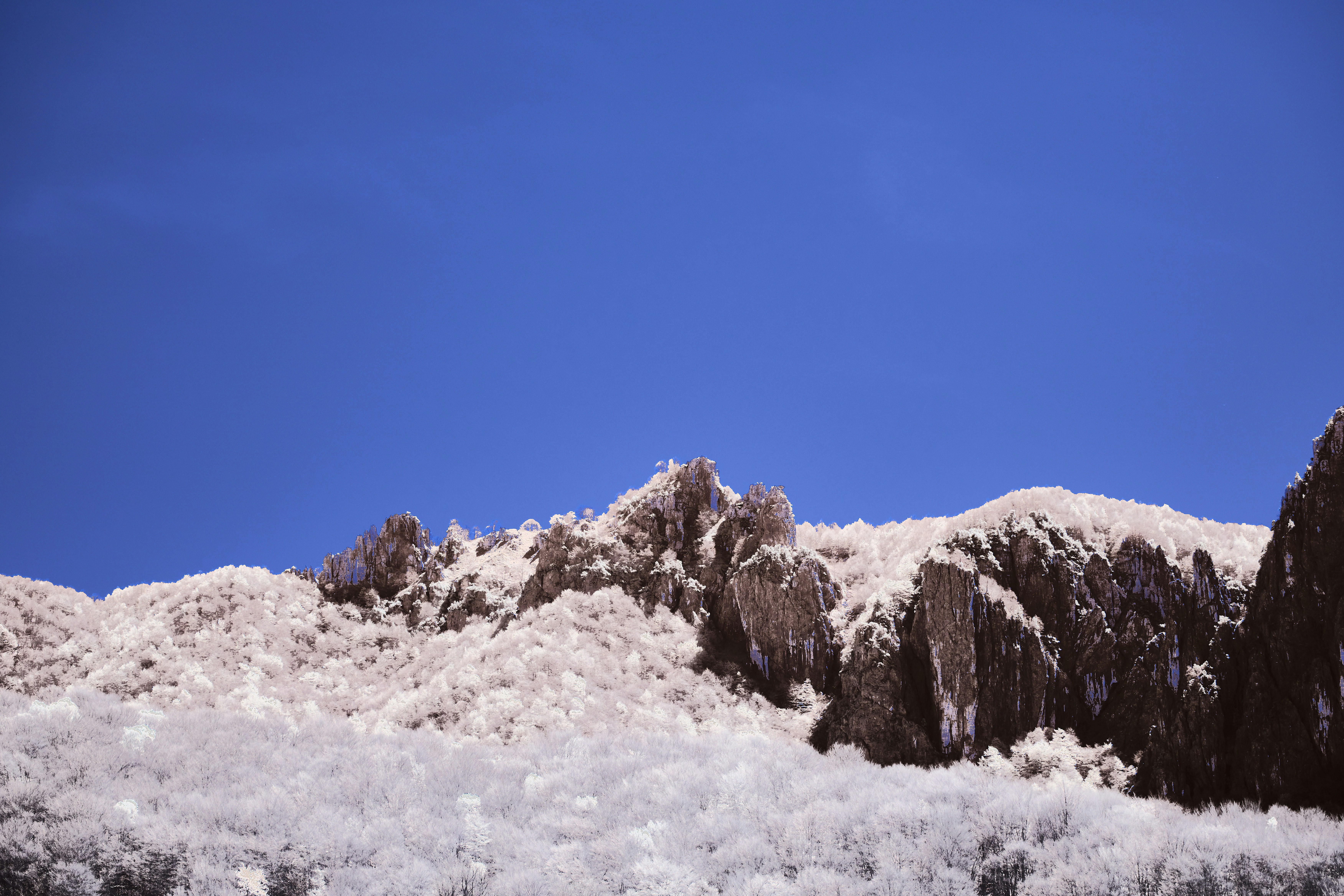 Snow-covered mountains under a clear blue sky