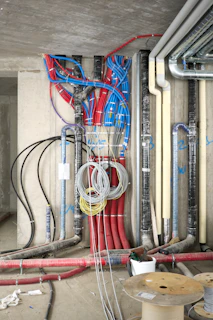 Complex network of electrical and plumbing pipes.