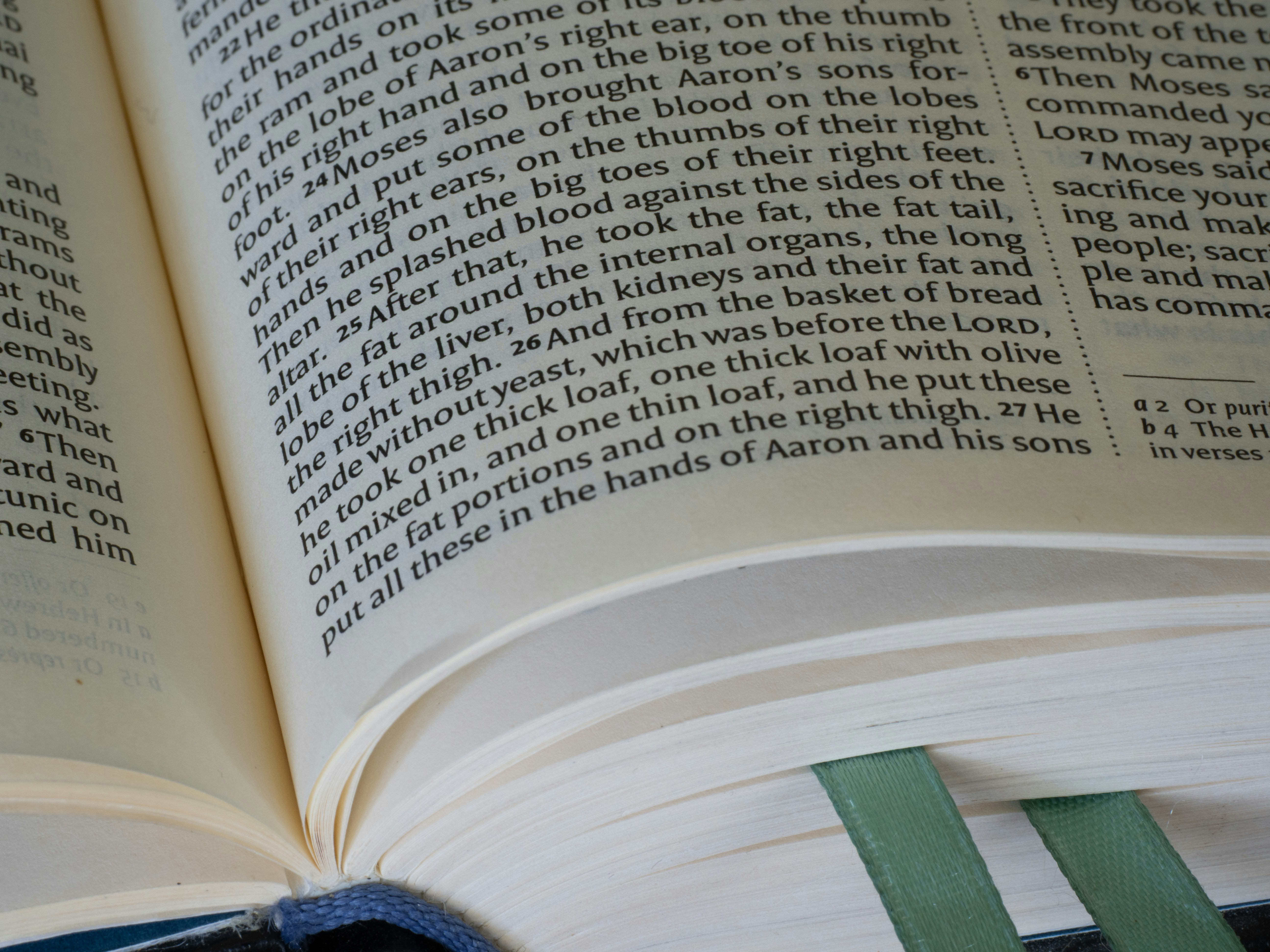 Primo piano di un libro aperto con segnalibri verdi.