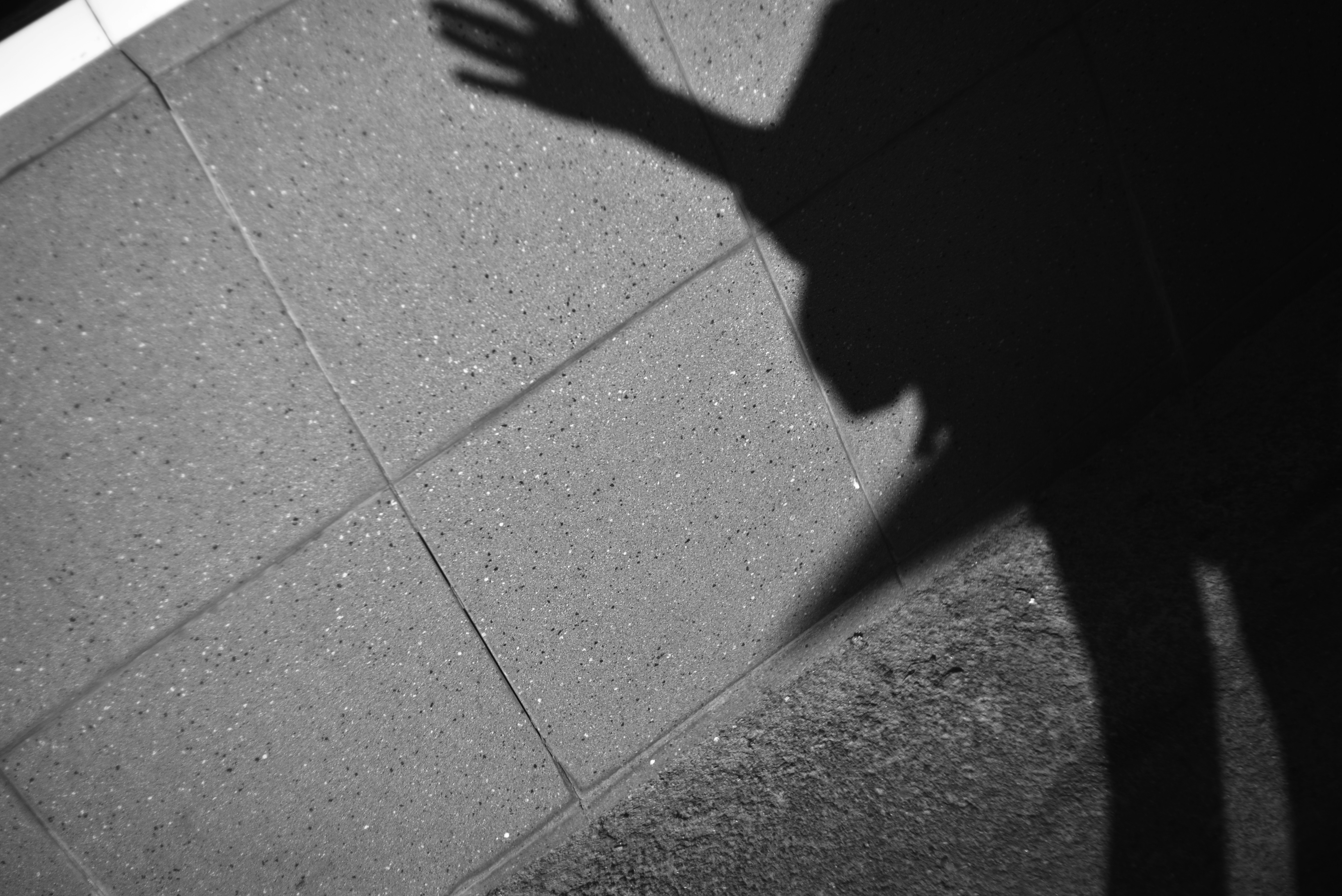 L'ombra di una persona che saluta su una superficie piastrellata.