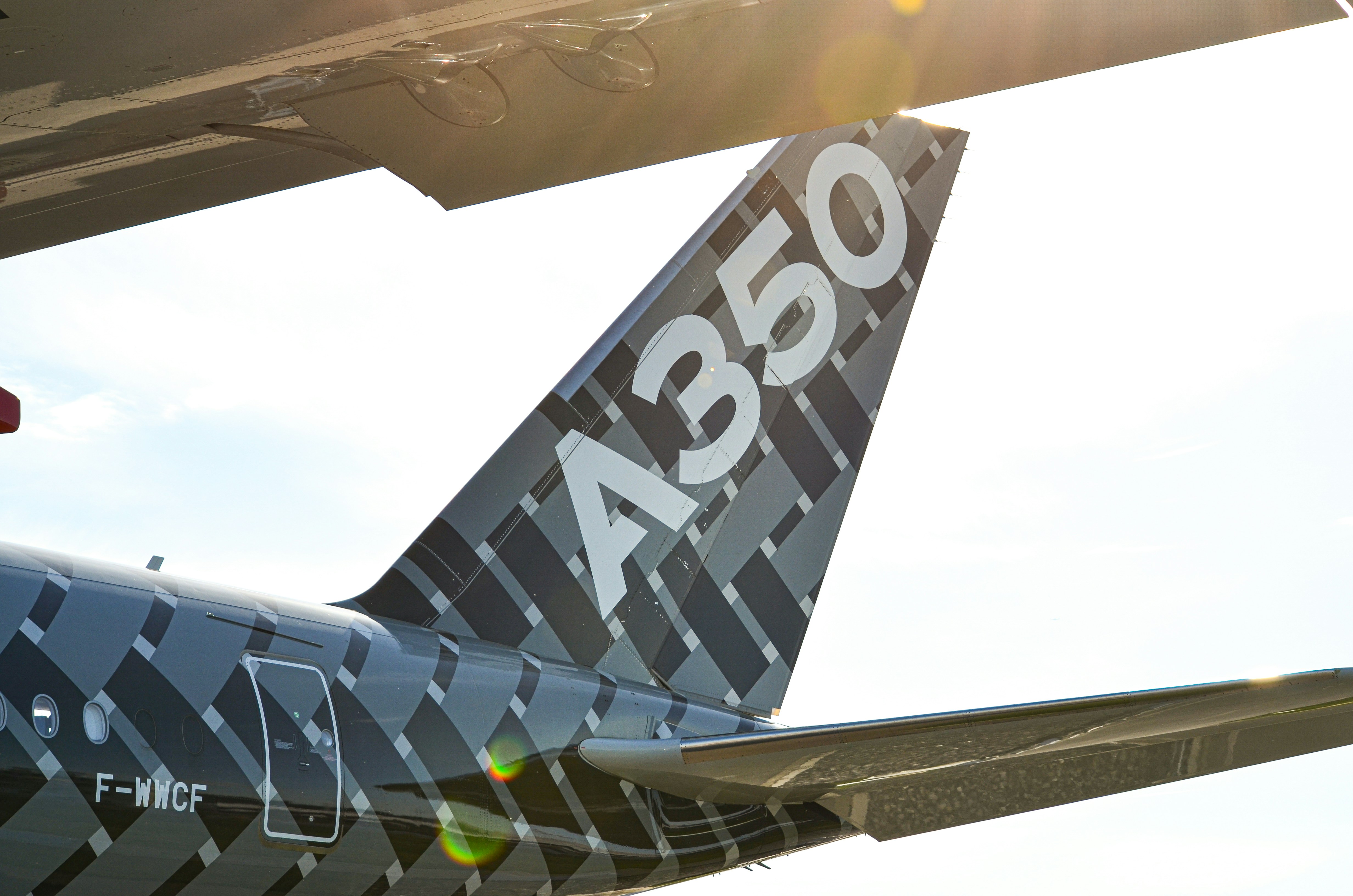 A350 aircraft tail with a distinctive black and white pattern.