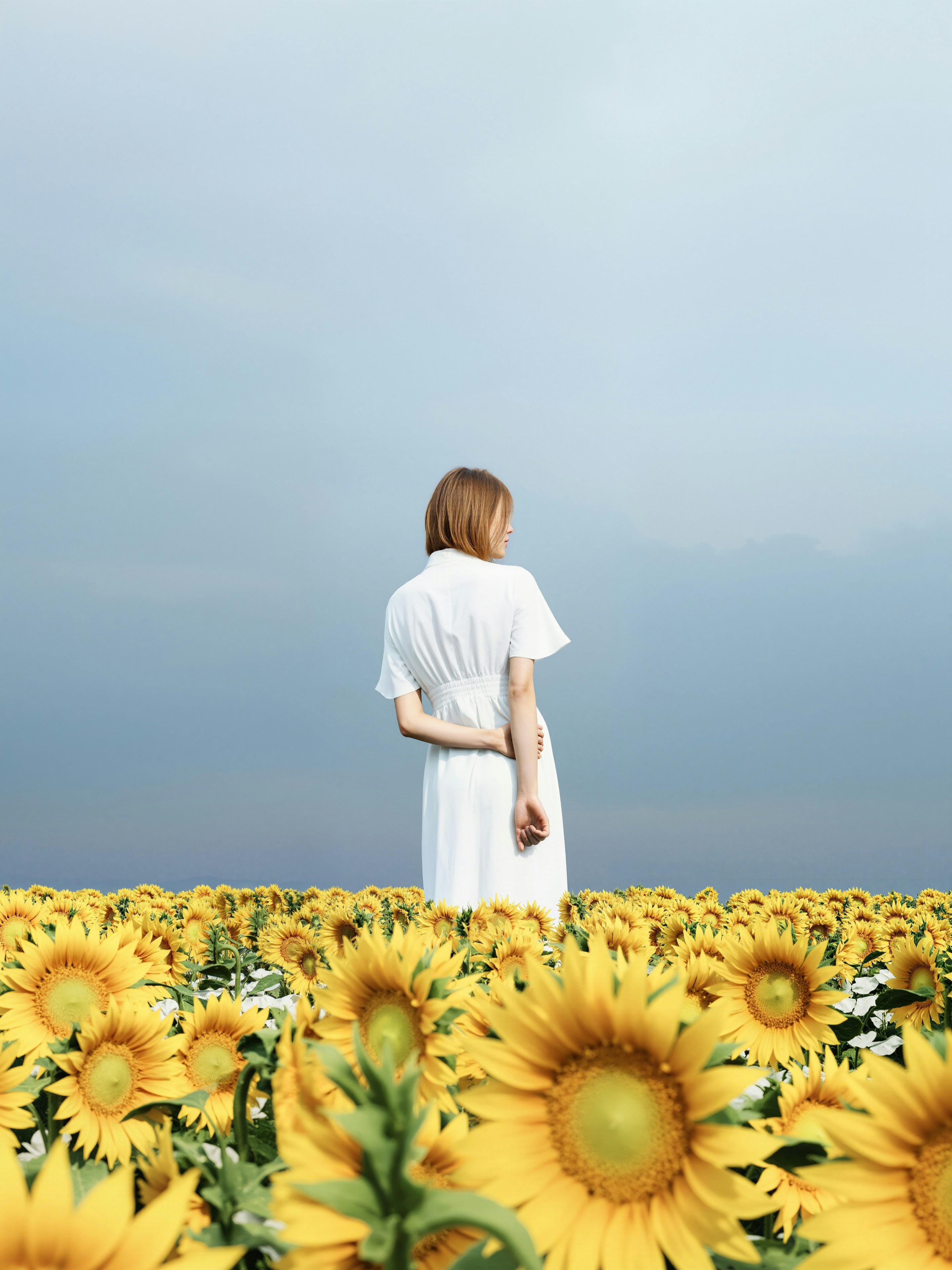 Woman in white dress standing in sunflower field