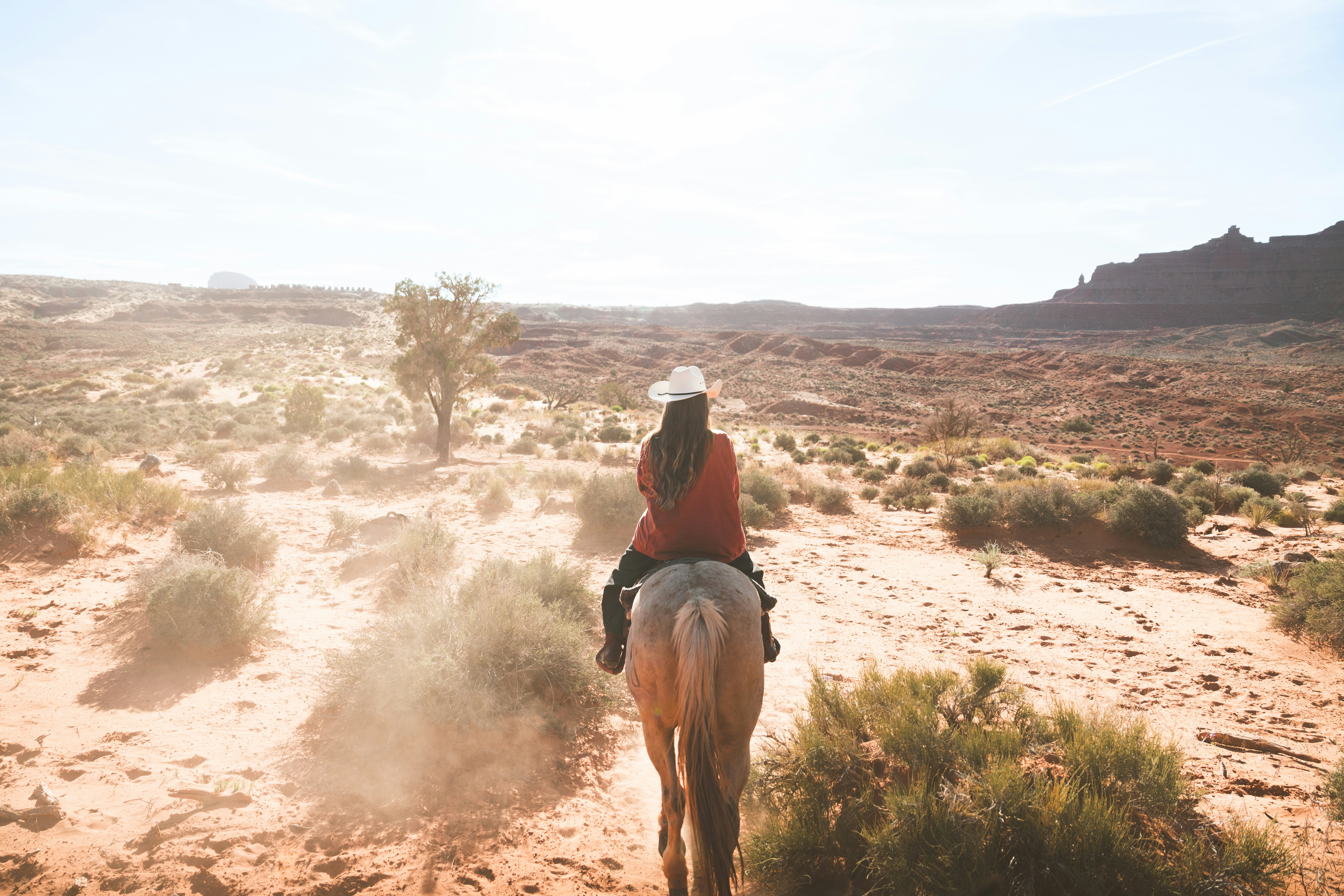 Donna con il cappello da cowboy cavalca a cavallo attraverso un paesaggio desertico.