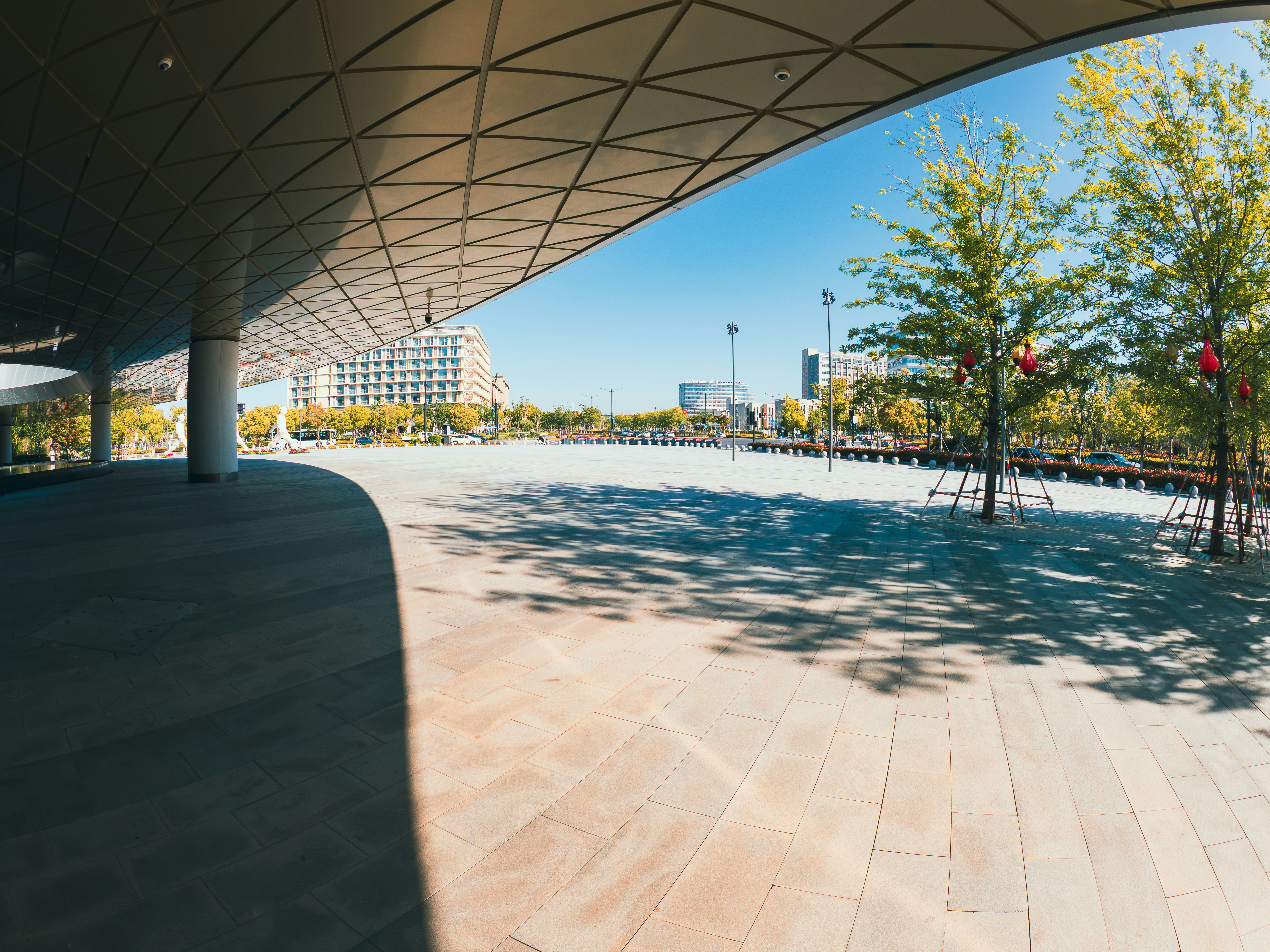 Modern architecture with trees and clear blue sky