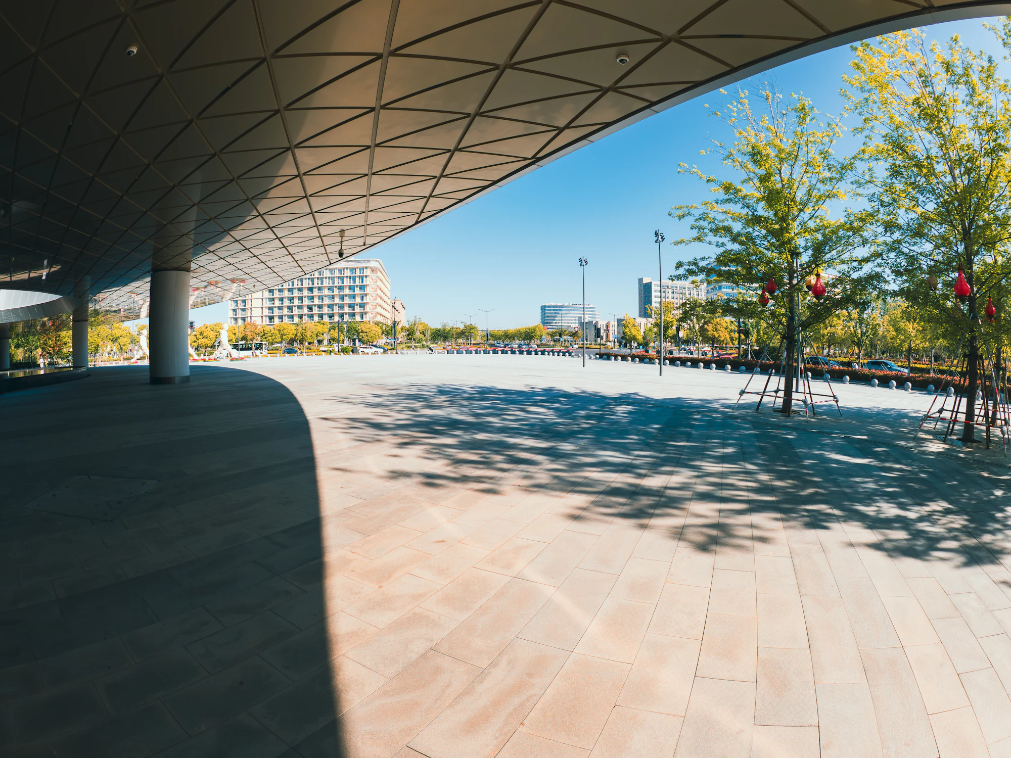 Modern commercial architecture with landscaped trees under a clear blue sky