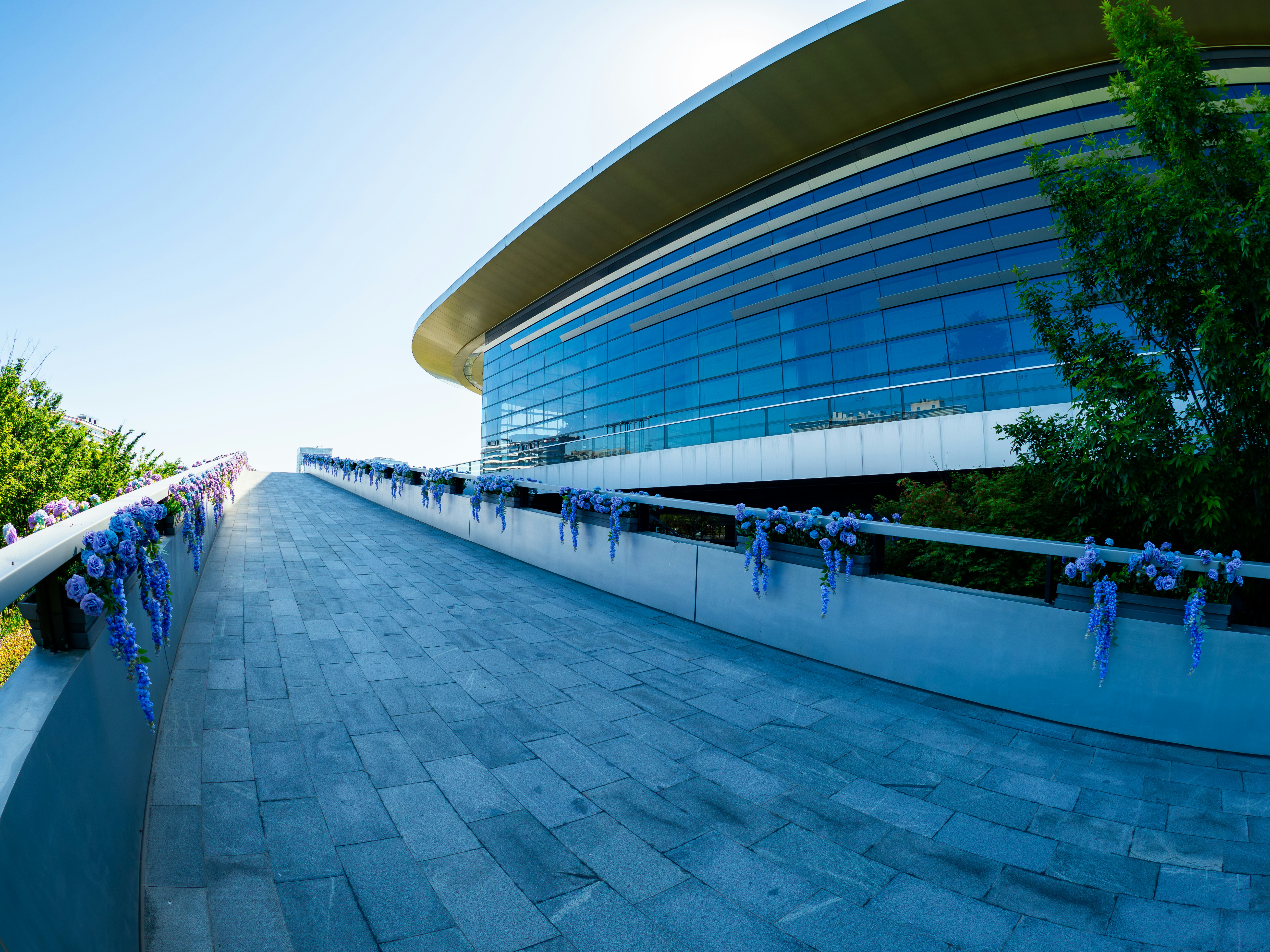 Modern building with glass facade and blue accents