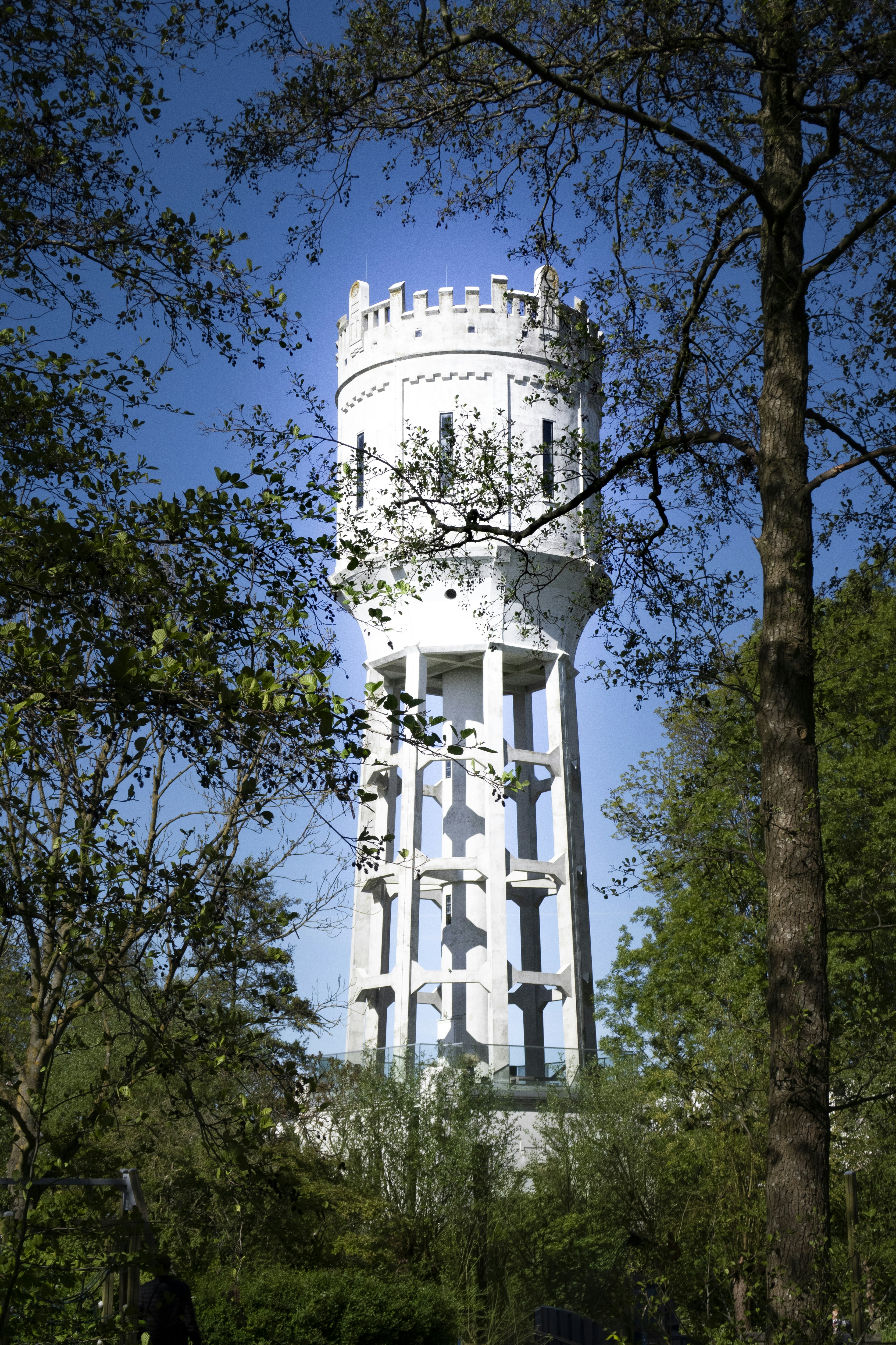 White water tower surrounded by green trees under blue sky