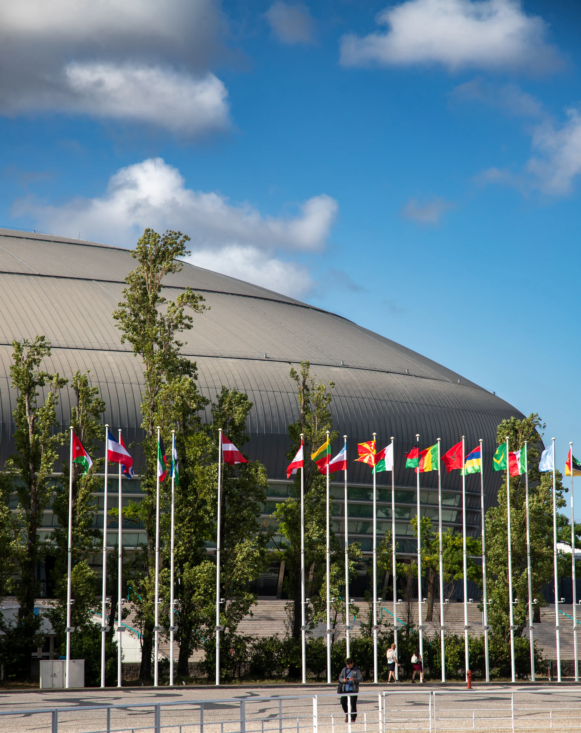 Flags of various nations displayed outside a modern building.