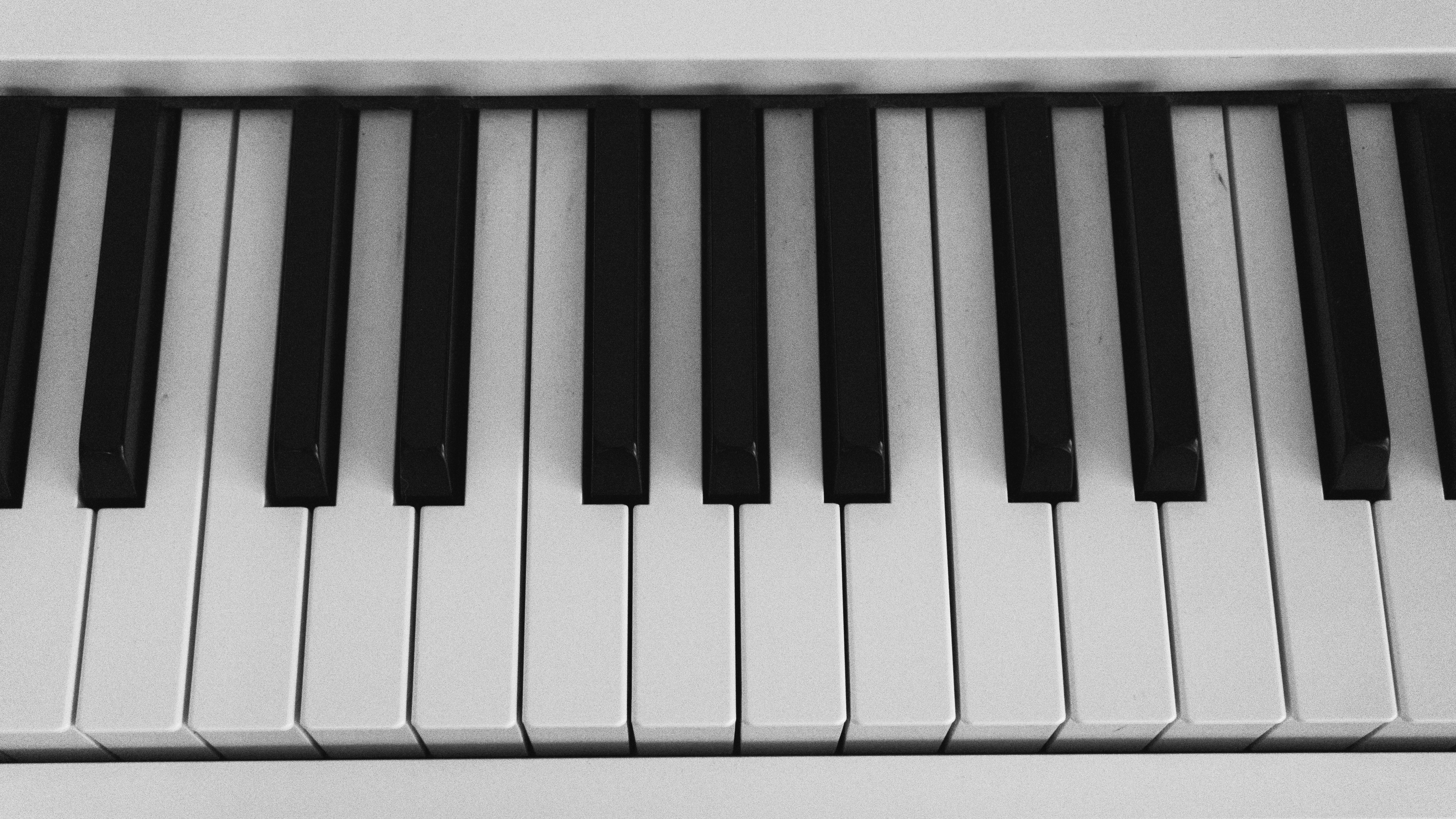 Tuts piano hitam dan putih disusun dalam baris.