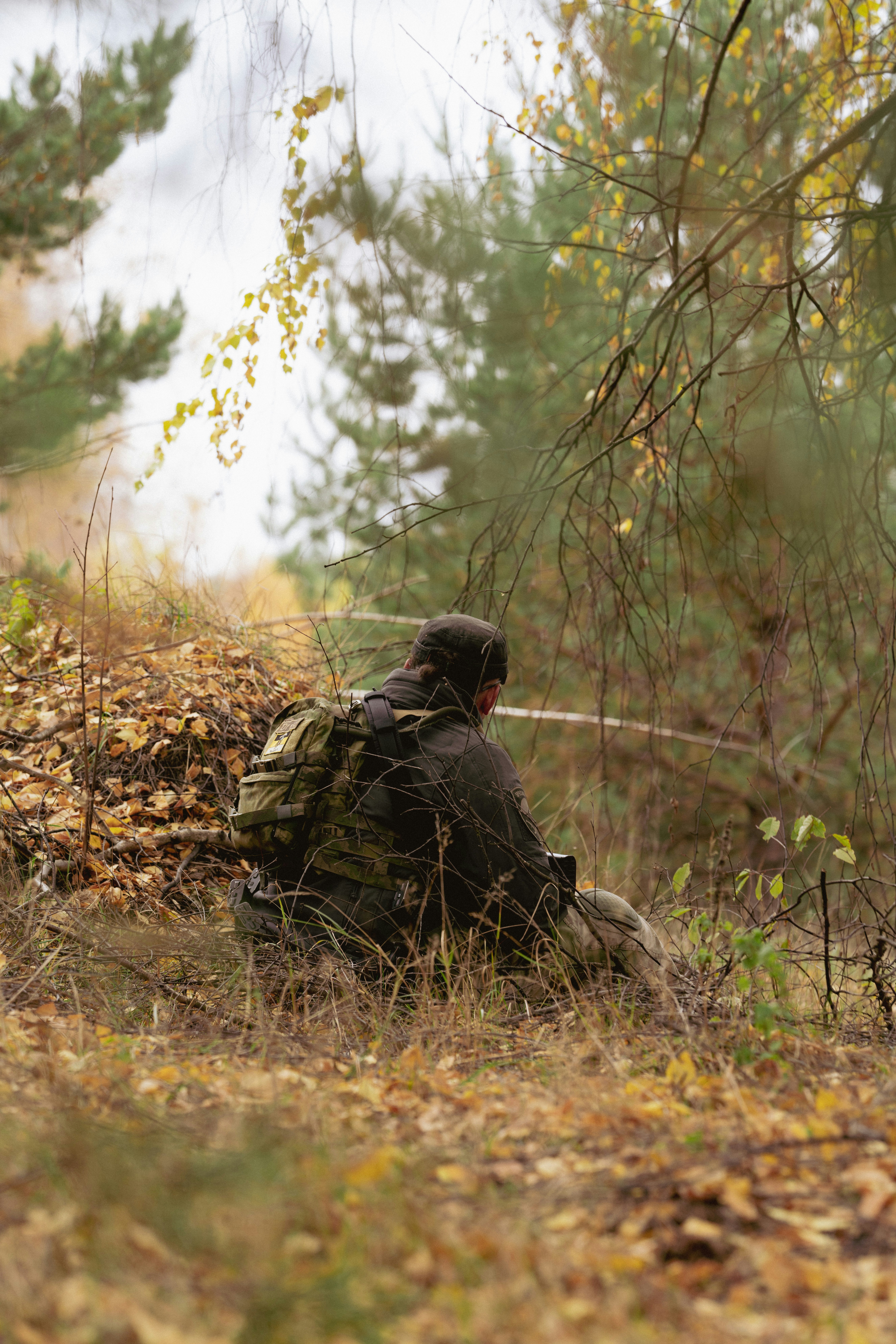 Soldier in camouflage crouches in autumn forest