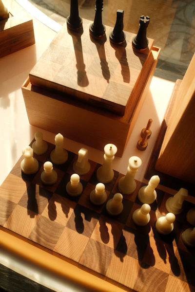 Chess pieces on a wooden board