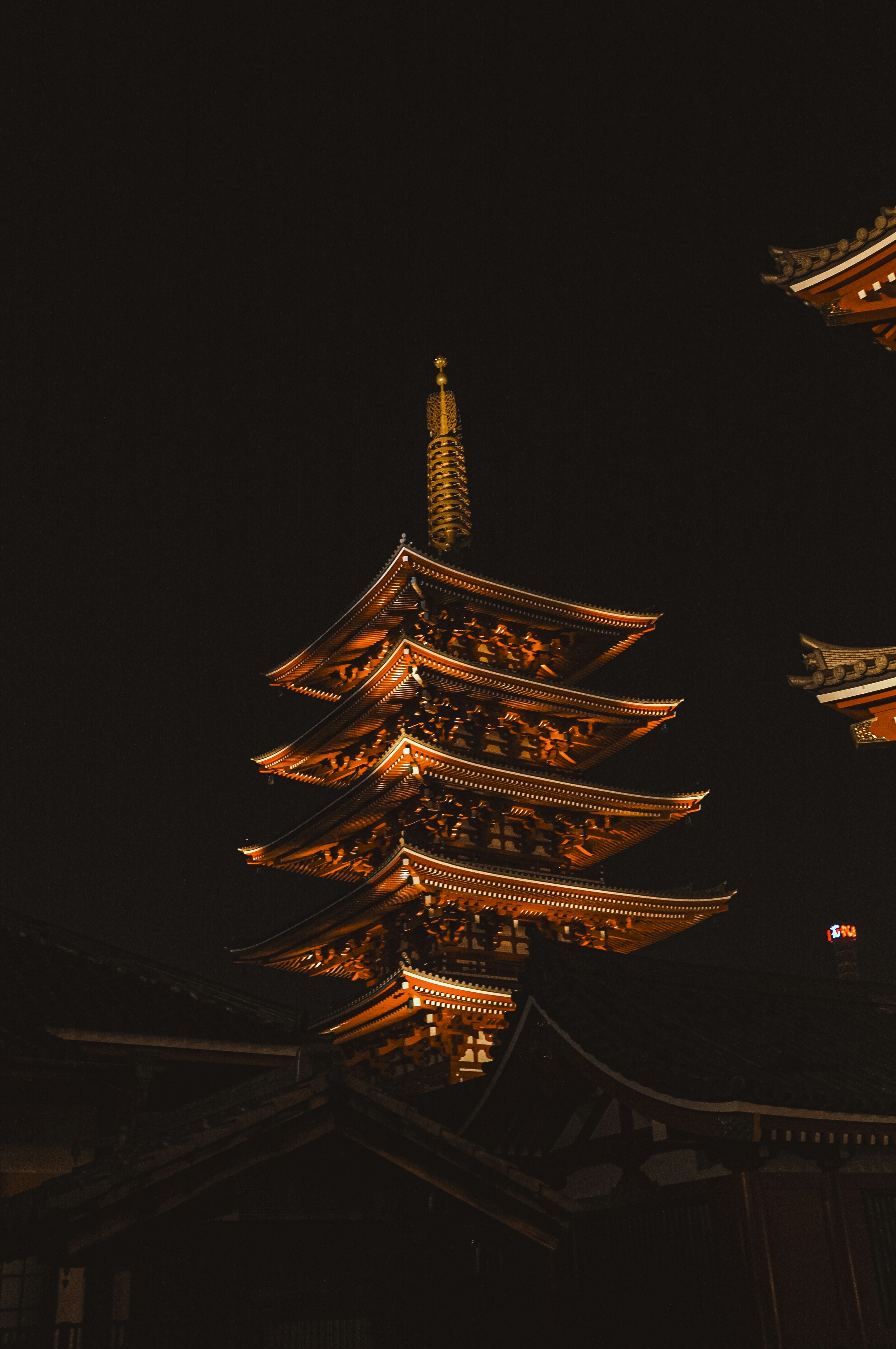 A japanese pagoda illuminated at night
