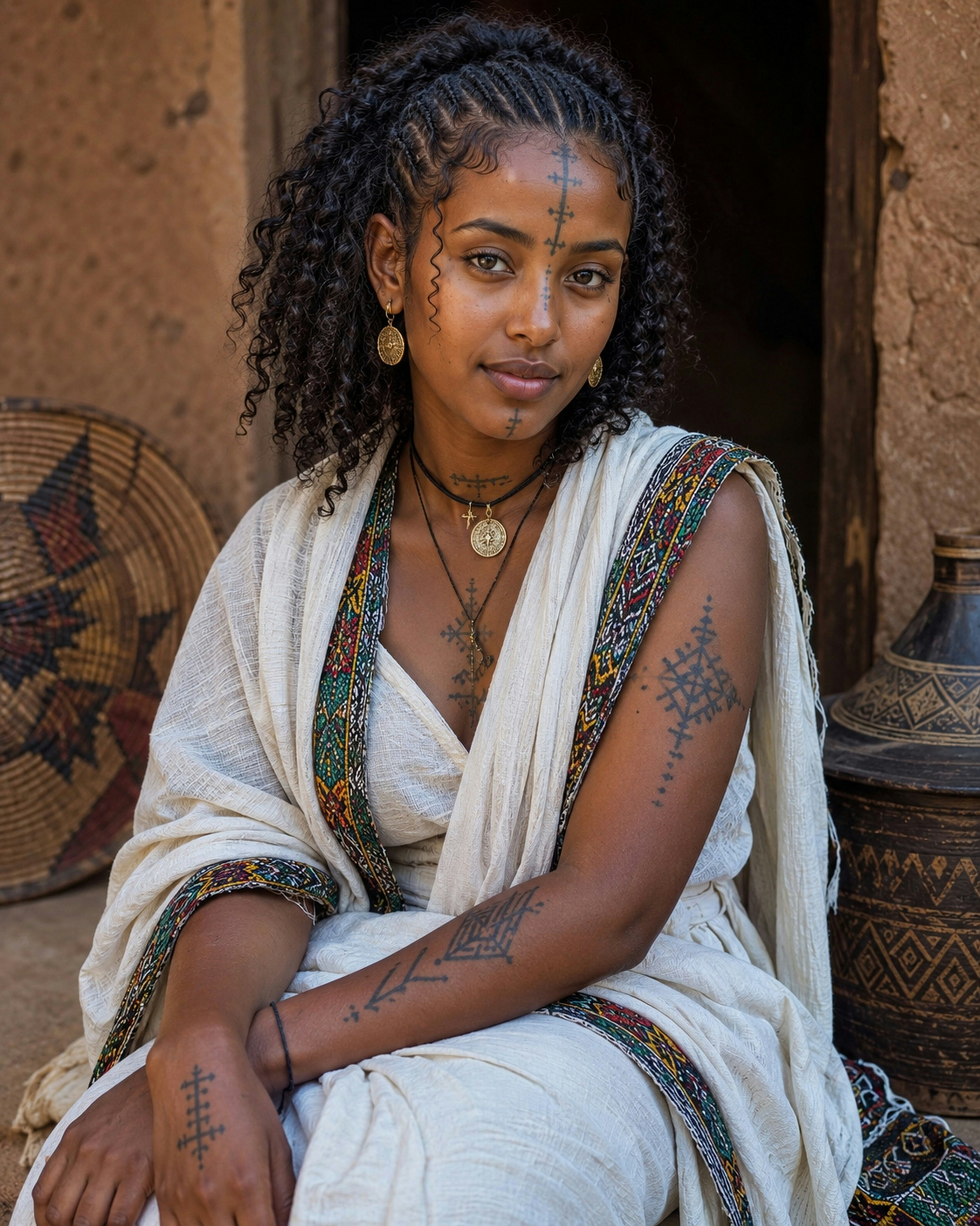 Jovem mulher com roupas tradicionais e tatuagens.