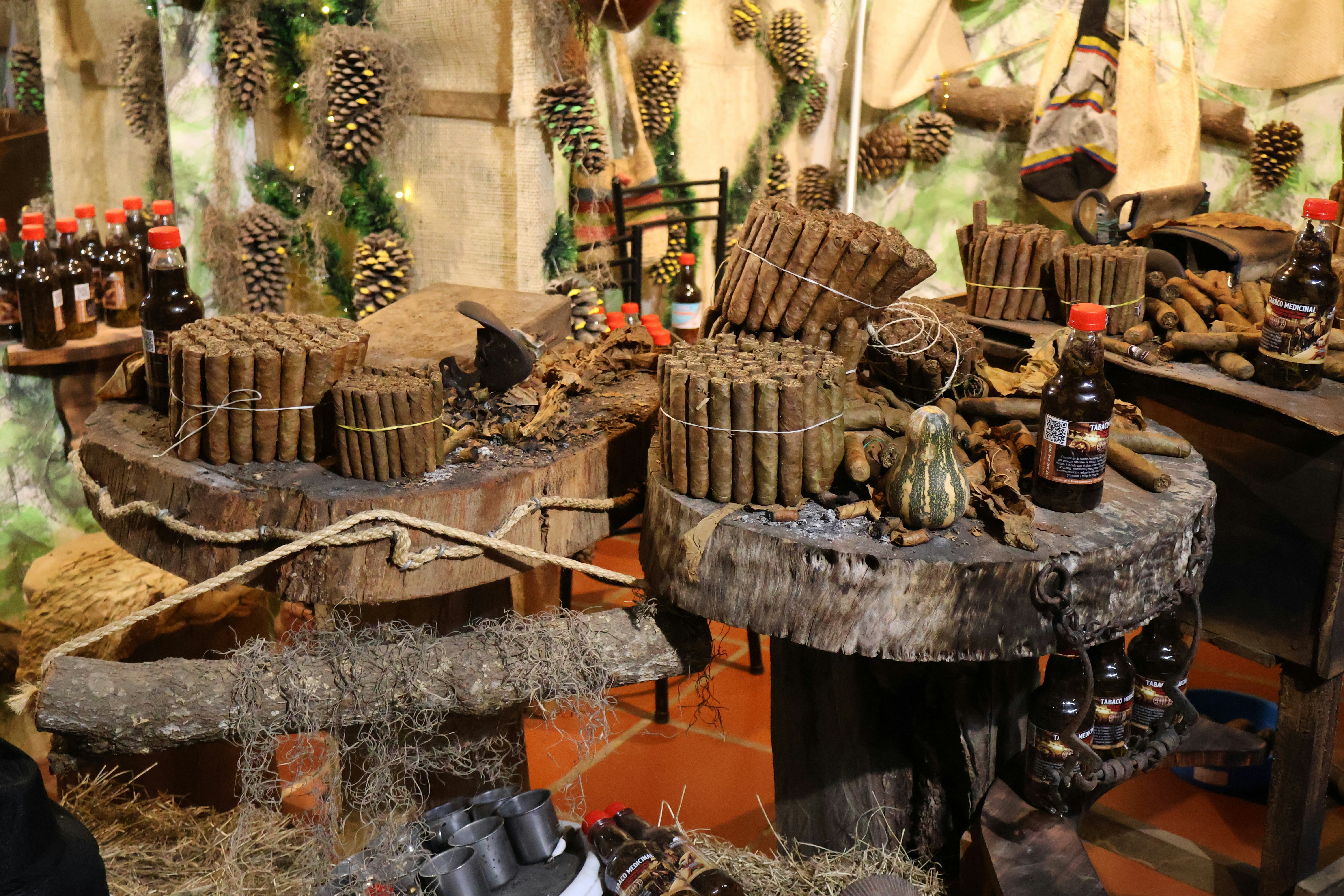 Bundles of cigars and bottles of liquor displayed