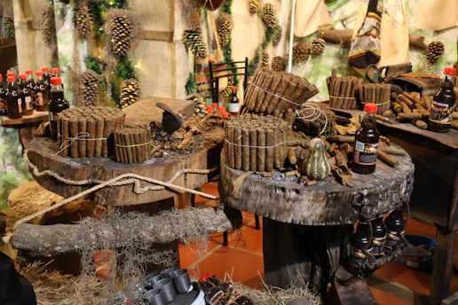 Bundles of cigars and bottles of liquor displayed