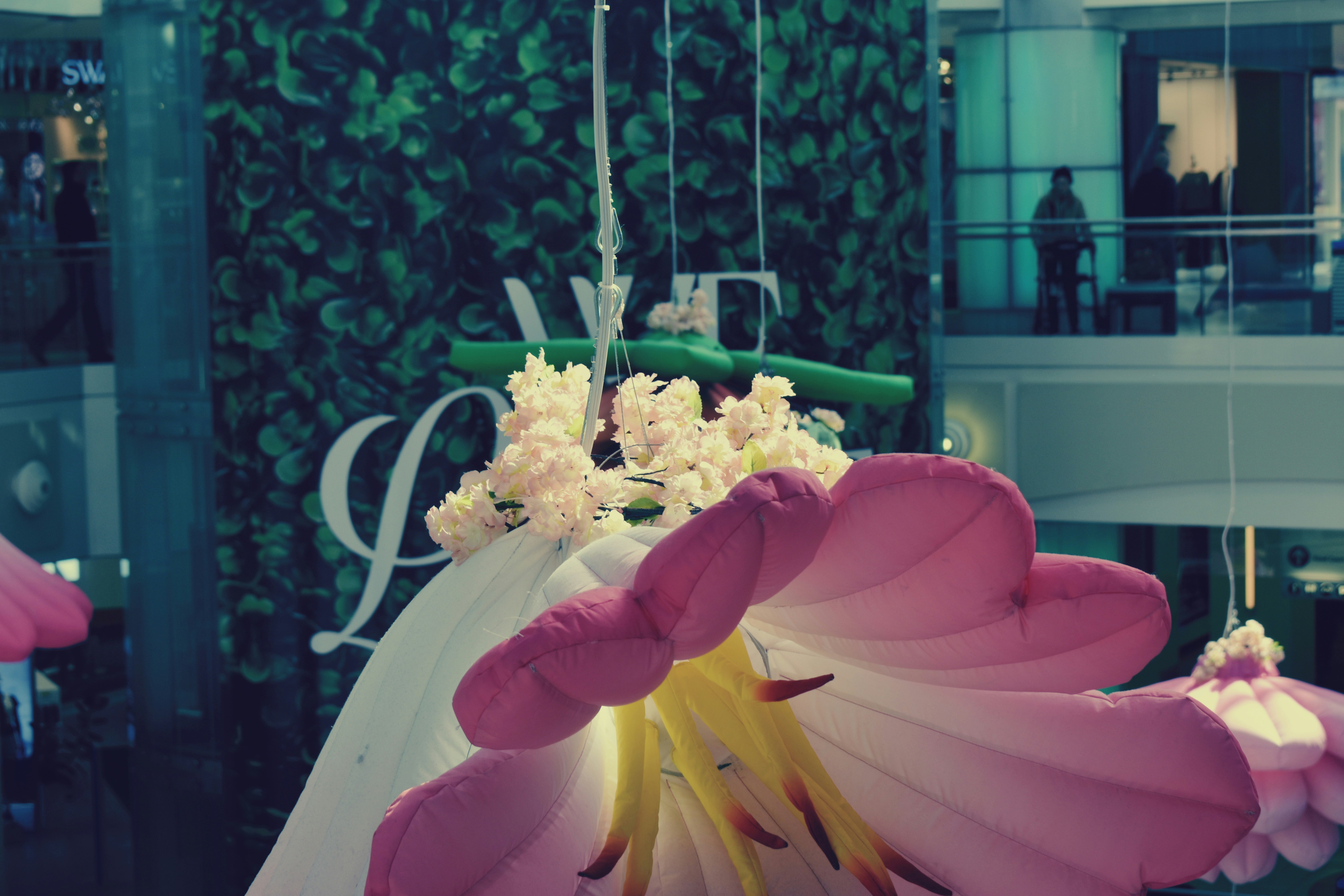 Une énorme fleur artificielle rose accrochée près d’un mur vert « amour ».