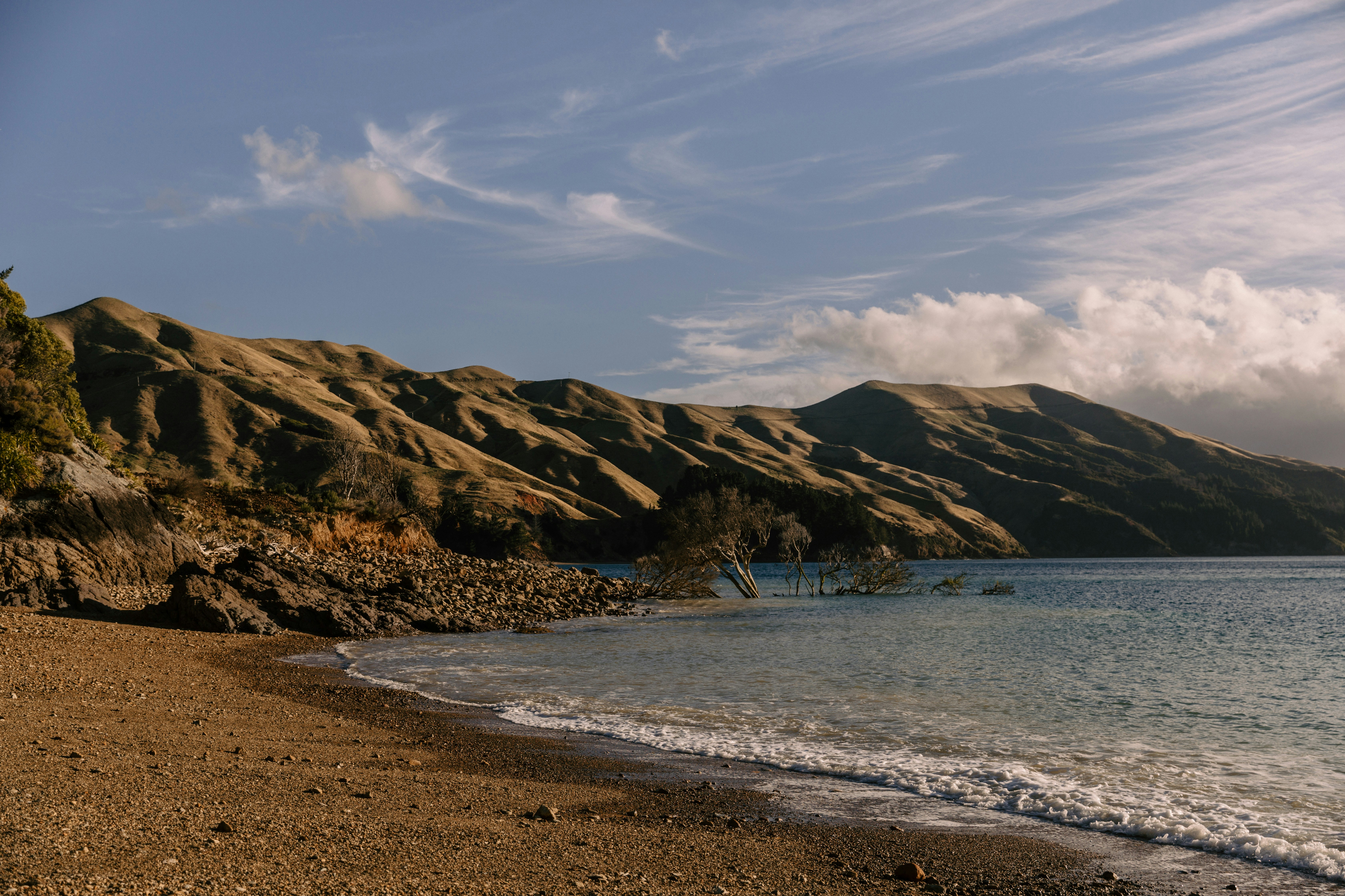 Coastal landscape with sandy beach, rolling hills, and calm ocean