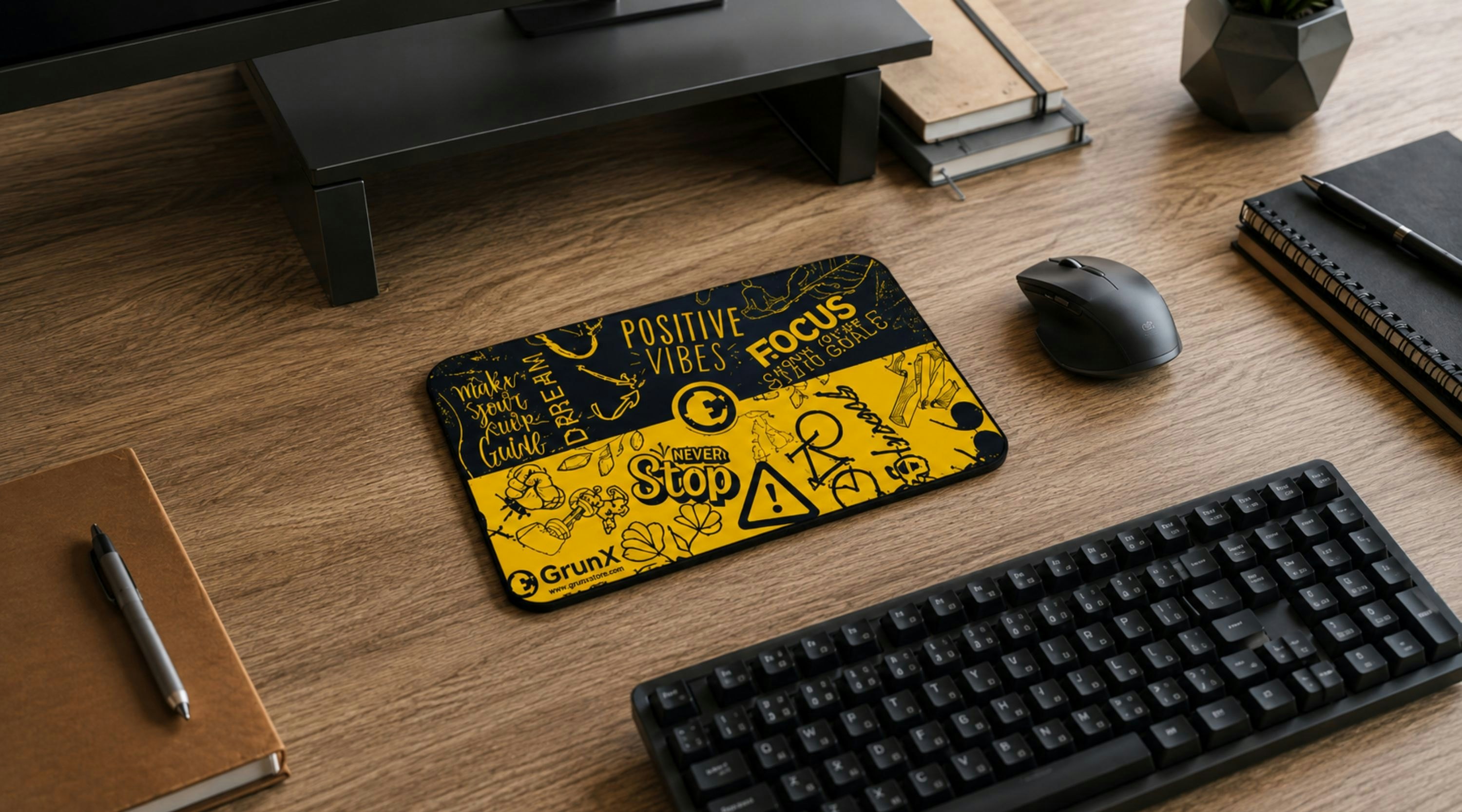 Desk with keyboard, mouse, and motivational mousepad.