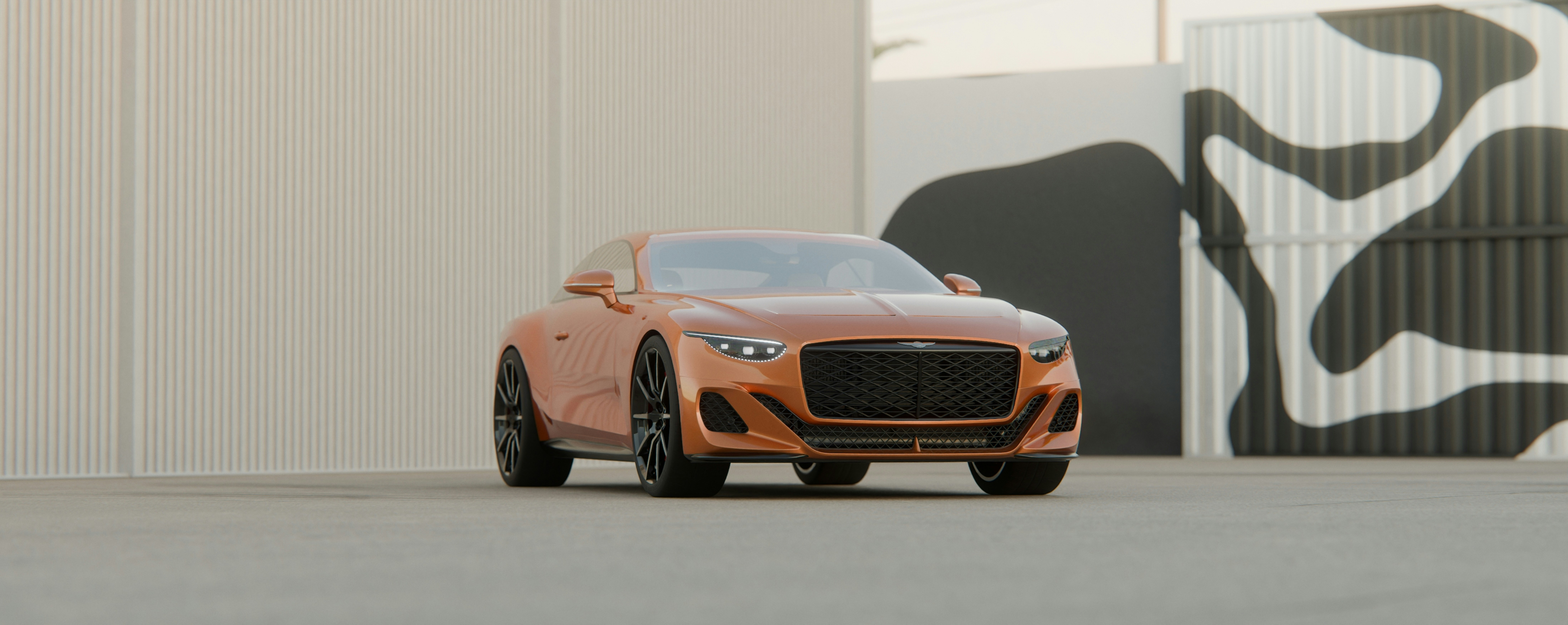 A modern copper-colored car parked against a minimalist patterned wall.