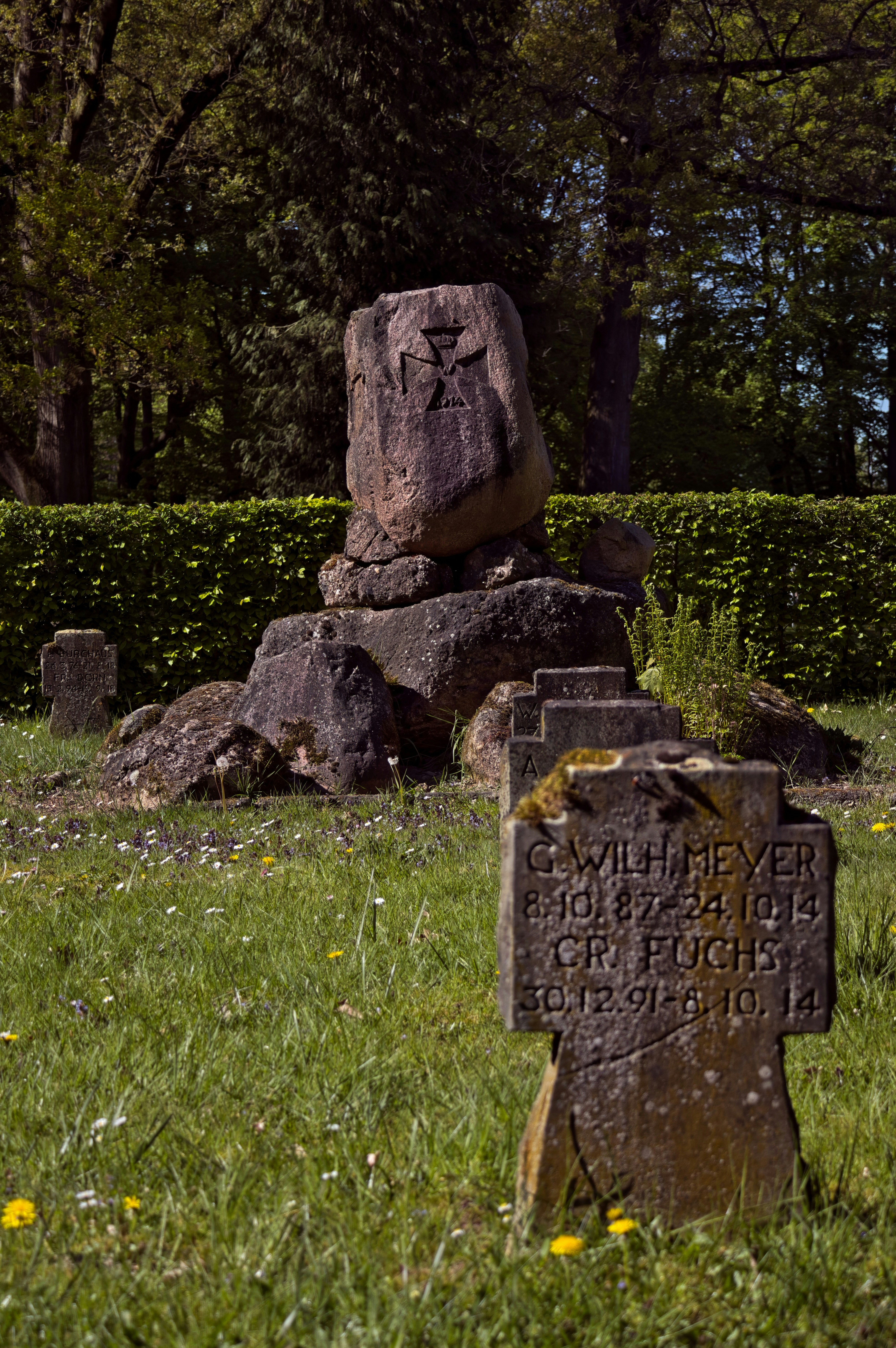 Lápidas antiguas en un cementerio de hierba con árboles