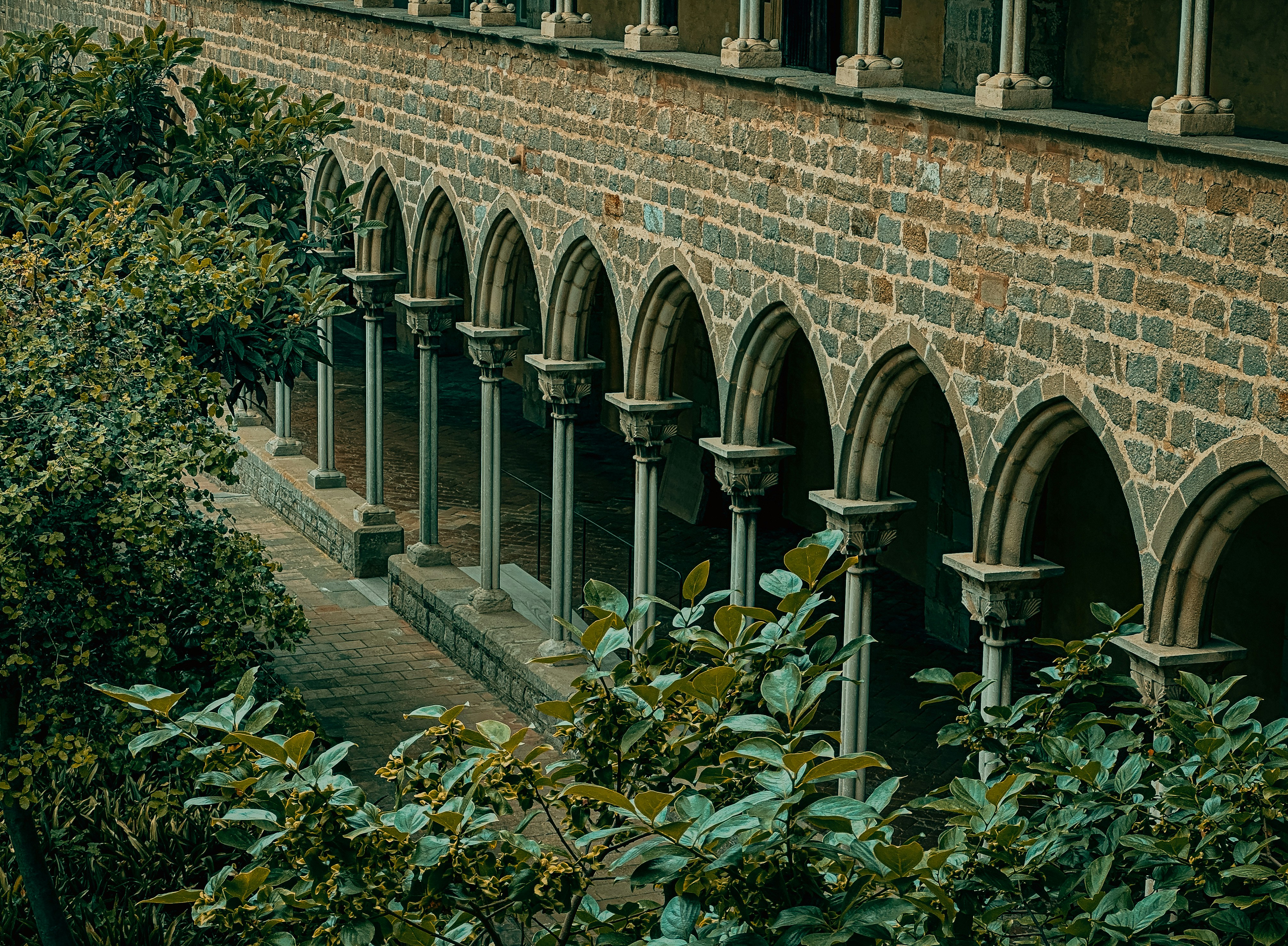Stone arches and columns in a cloister with greenery