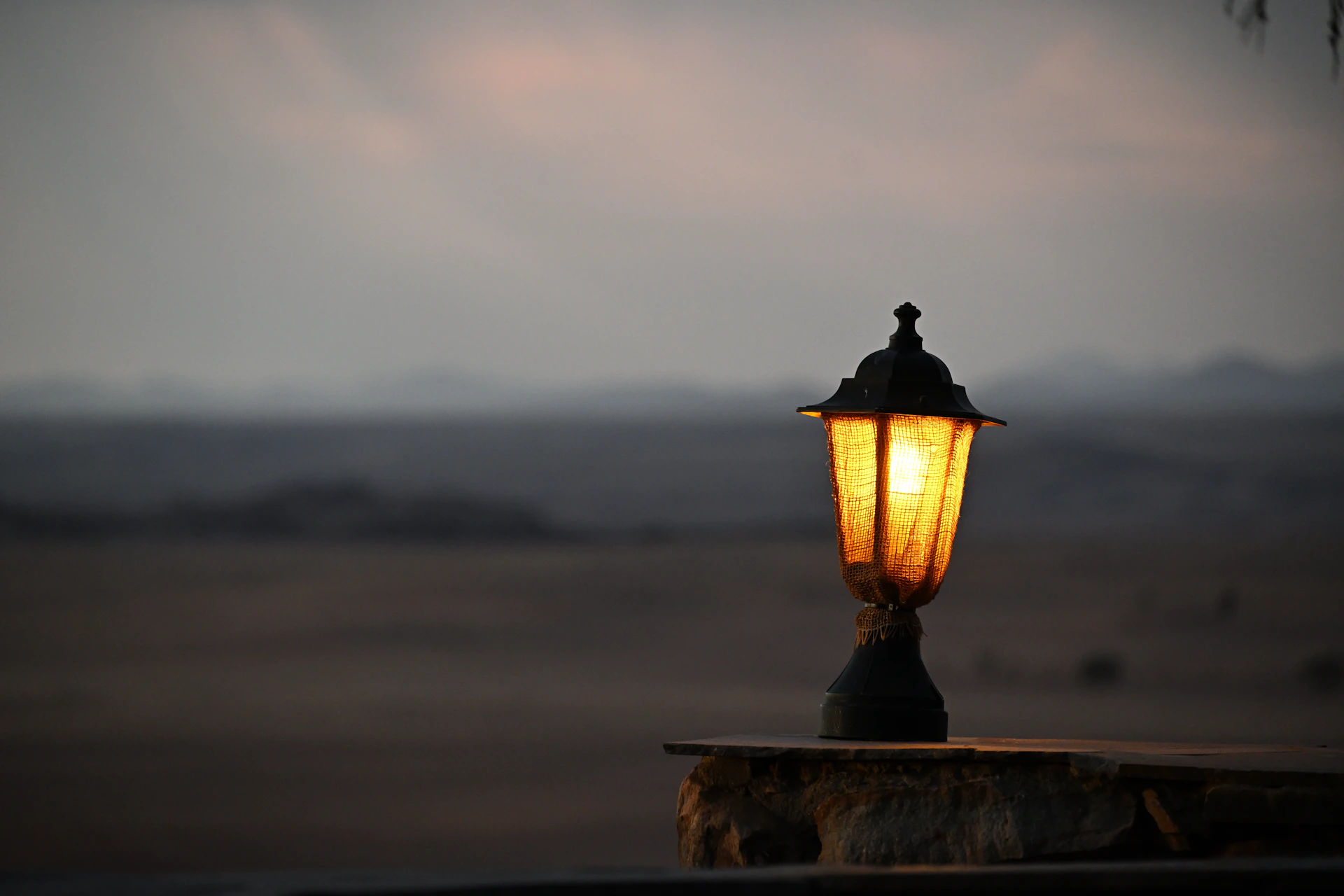 A glowing lamp illuminates a dark, blurry background at twilight