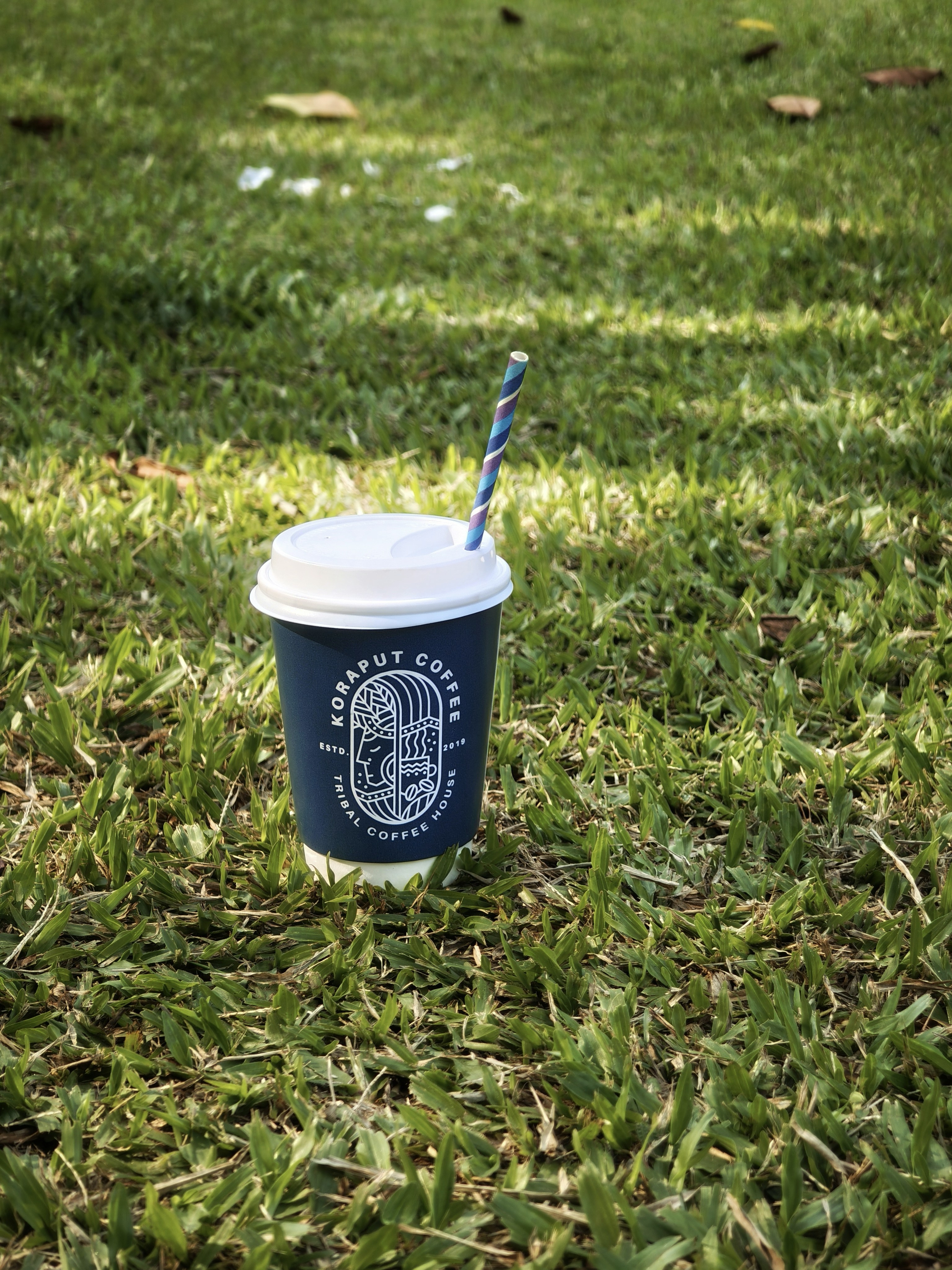 A blue koraput coffee cup sits on lush green grass.