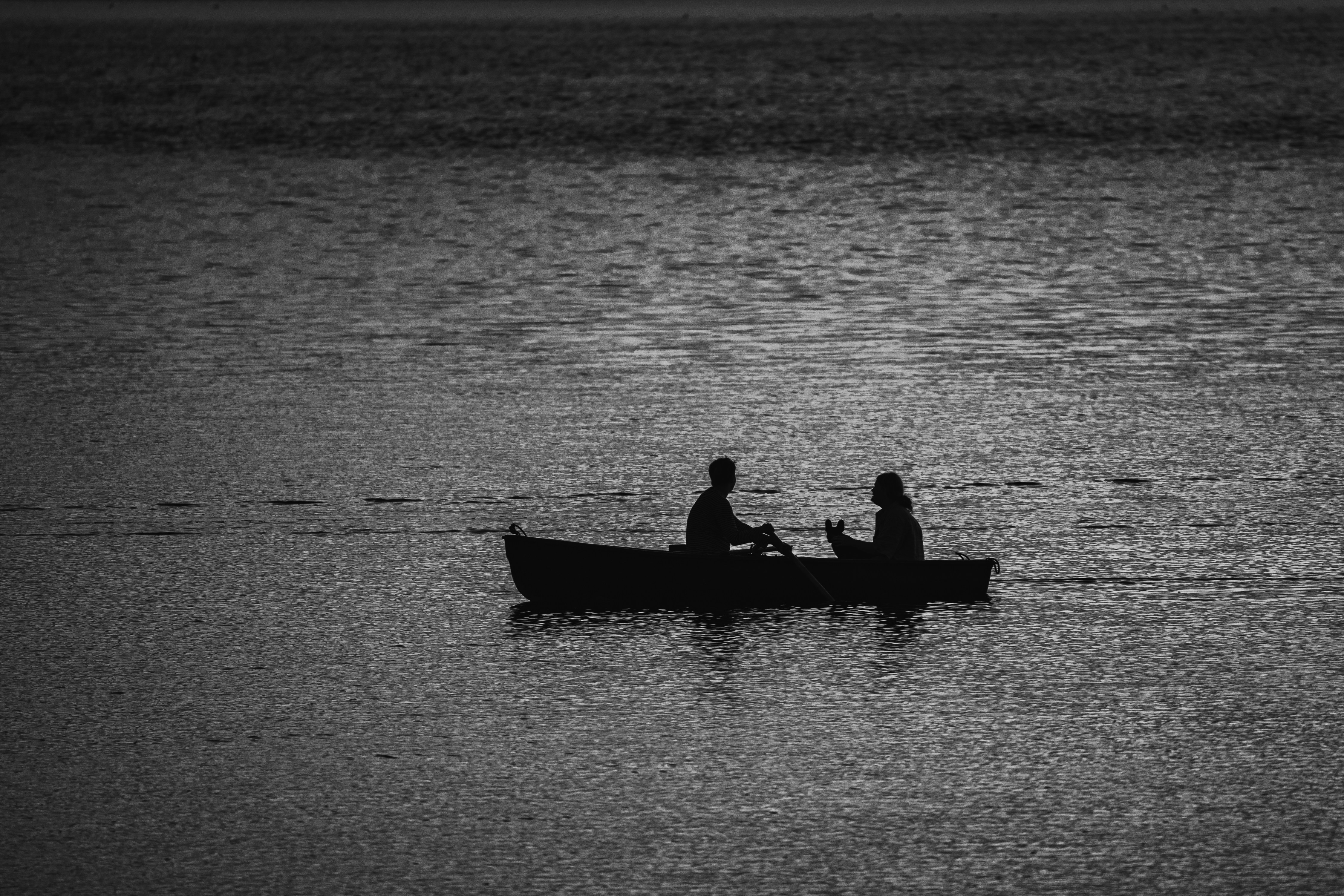 Two people in a rowboat on the water.
