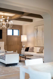 Modern living room with white sofa and abstract art