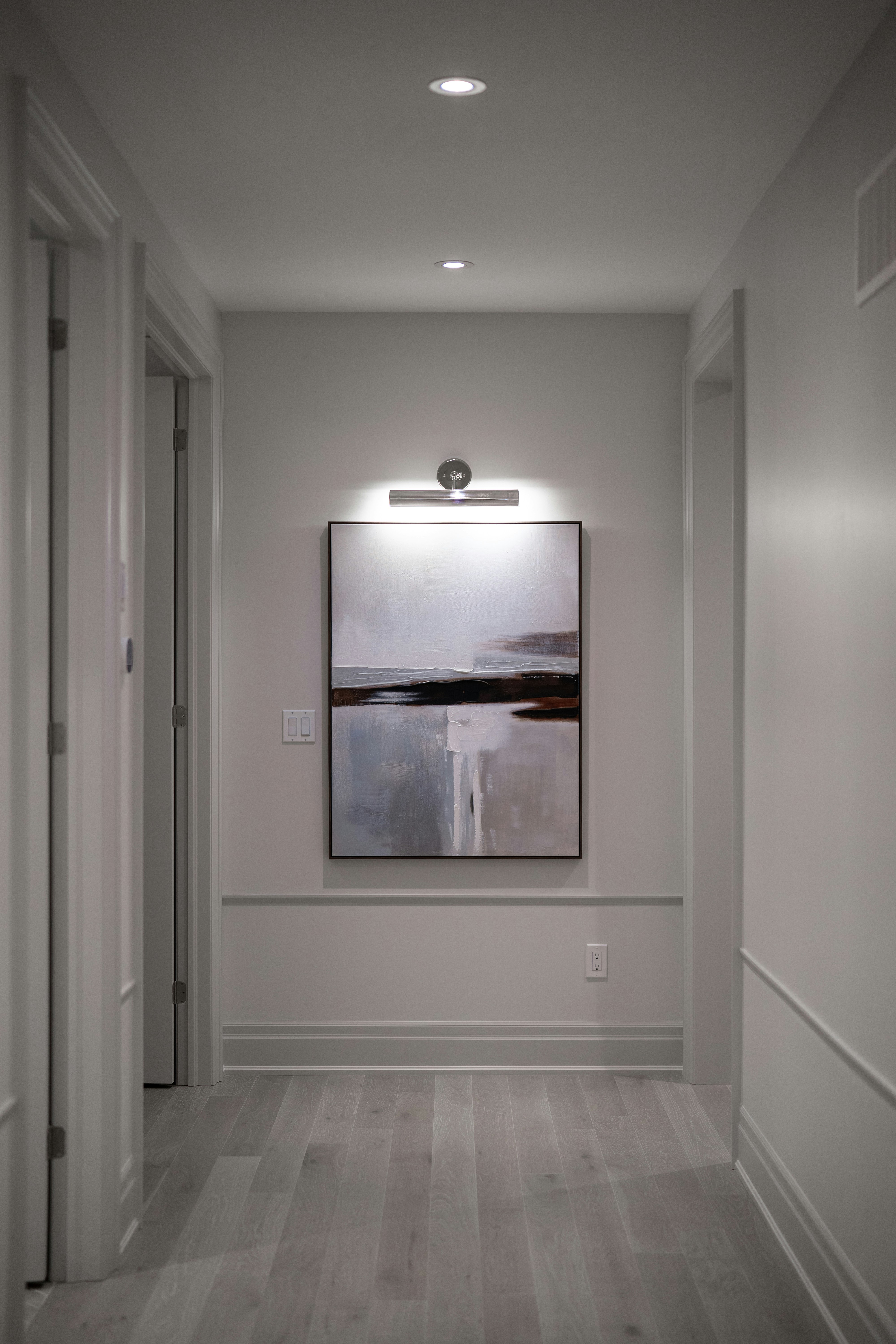 Warm motion sensor smart lights illuminating a modern apartment hallway at night
