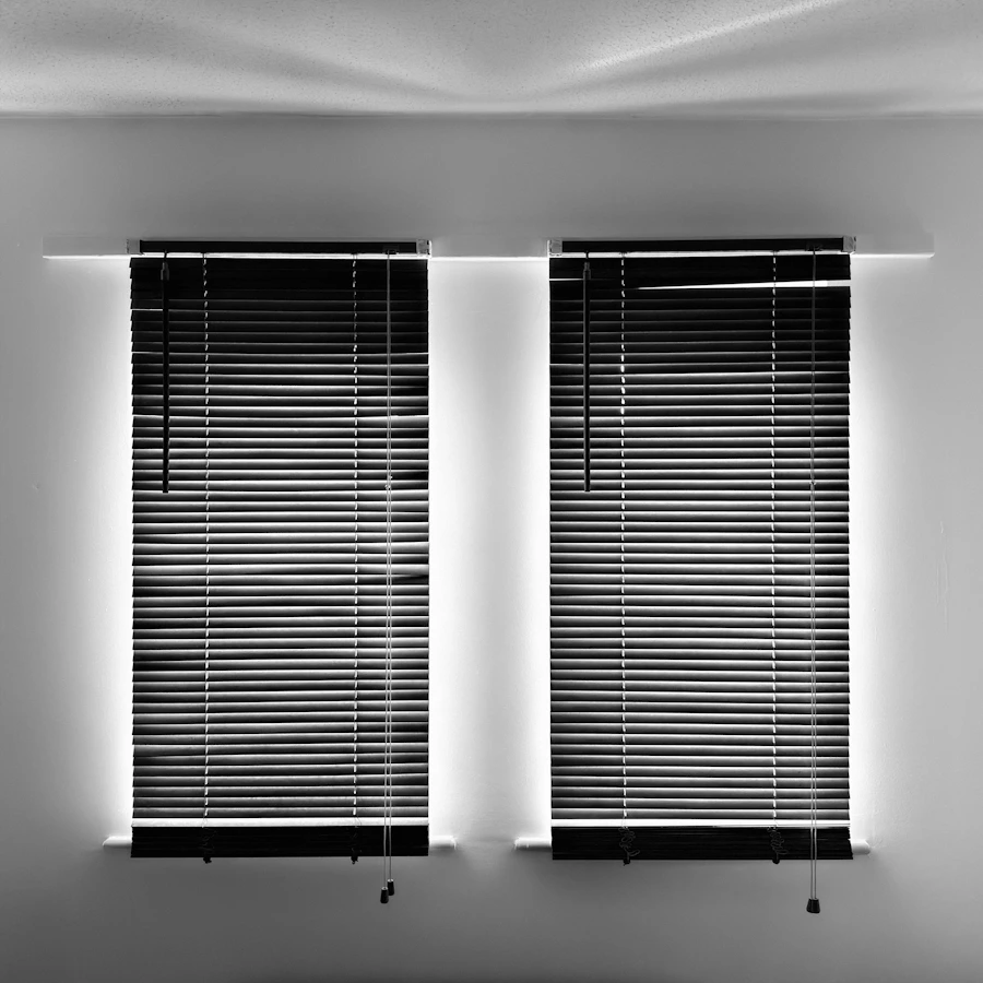 Two windows dressed with premium horizontal blinds, warm light glowing through the slats