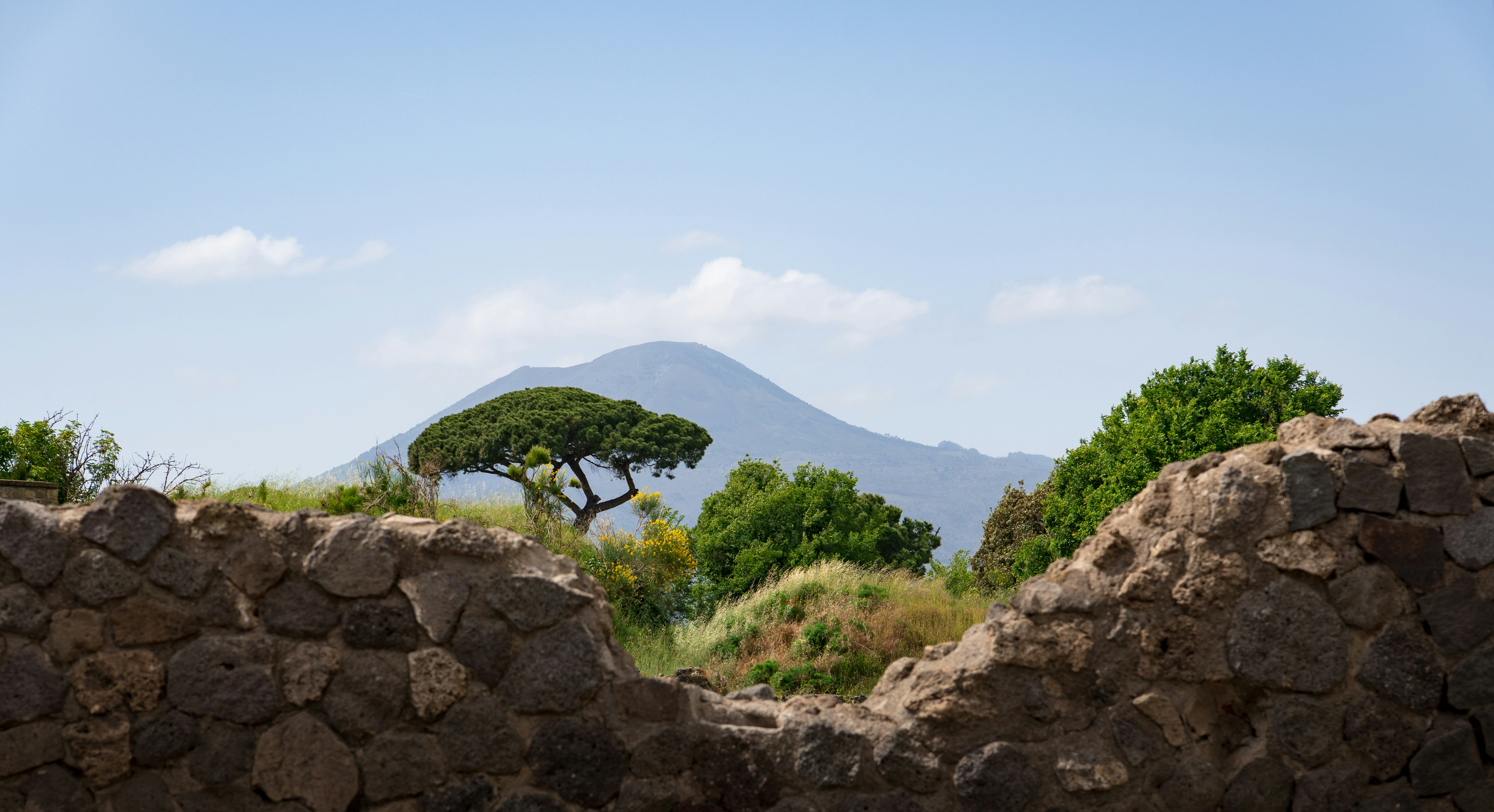 Distant mountain visible over ancient stone wall and green trees.
