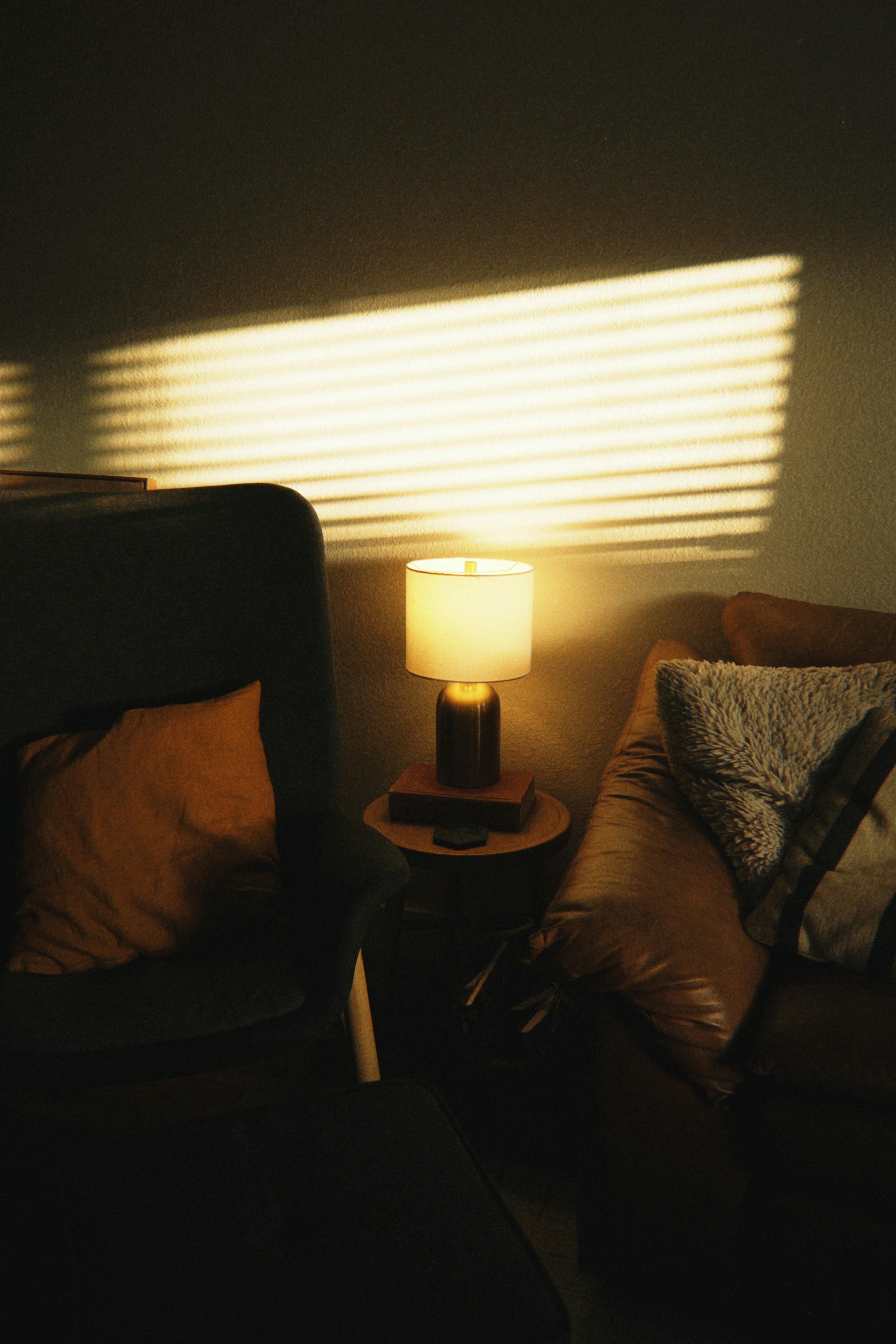 Cozy living room with armchairs, illuminated lamp, and window light.
