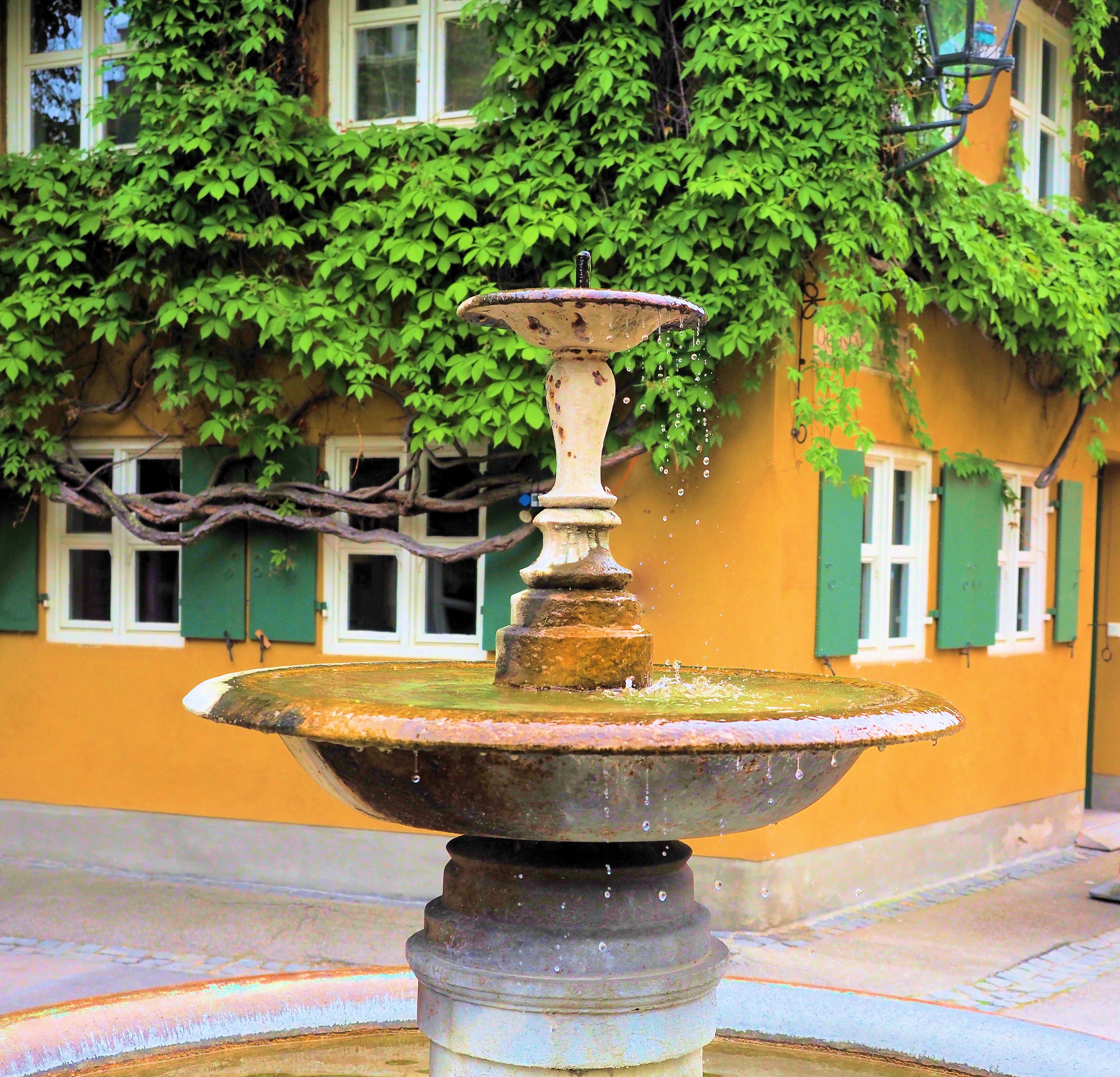 Ancient stone fountain against a yellow building with green ivy.
